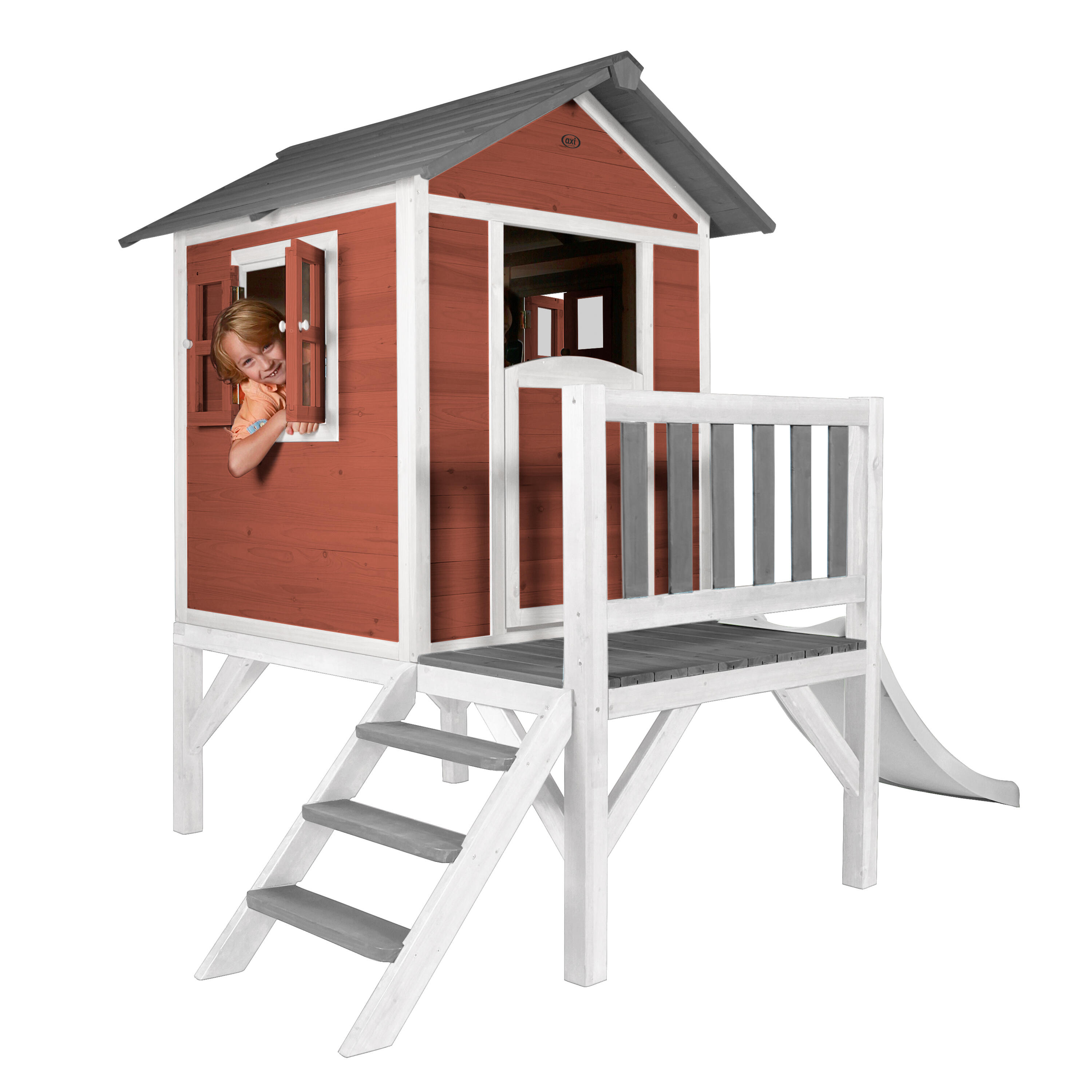 Maisonnette en bois Lodge XL Rouge - Toboggan Blanc 6/7