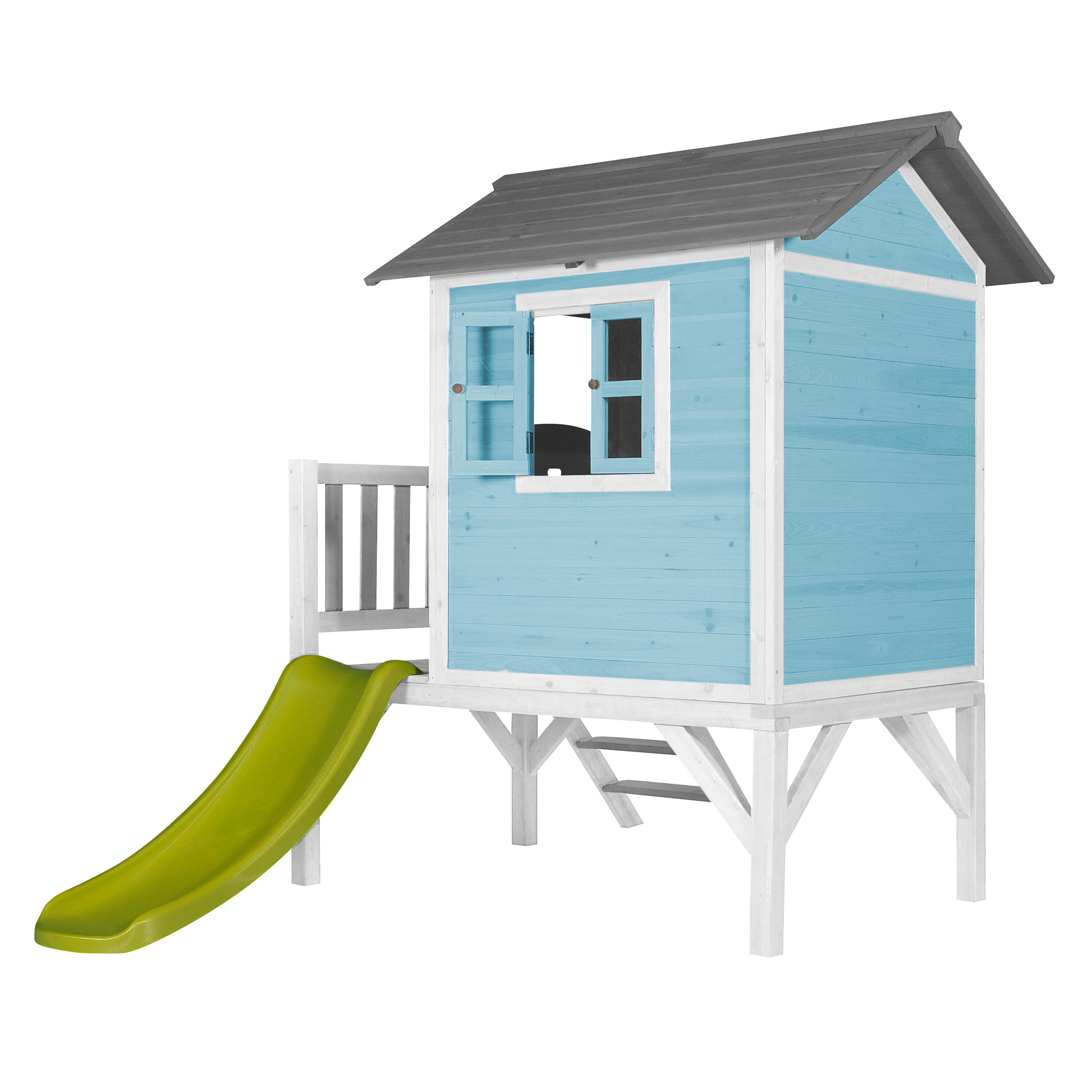 Casita de madera Lodge XL azul - Tobogán verde limón 4/7
