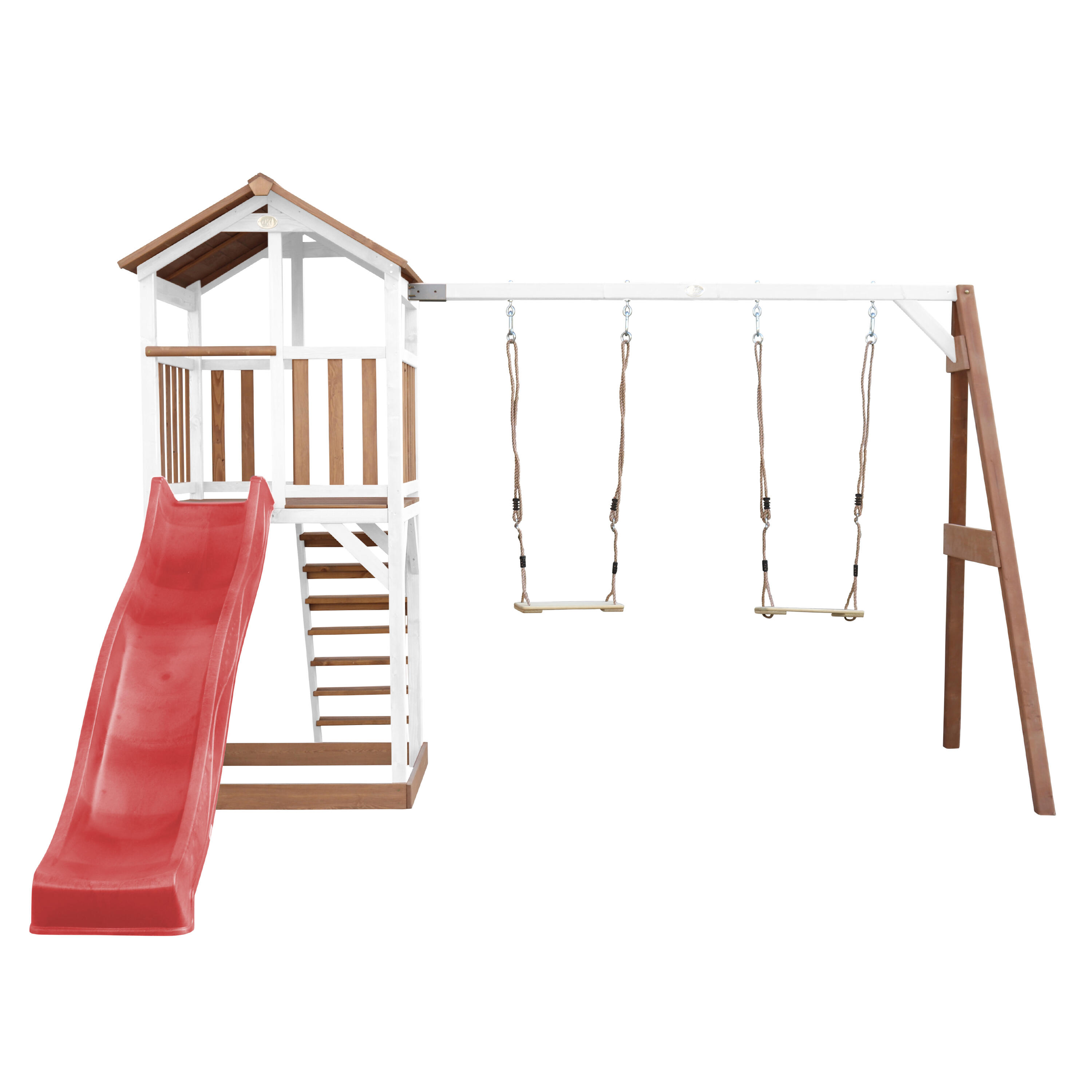 Aire de jeux Beach Tower Marron/Blanche avec 2 Balançoires - Toboggan Rouge 5/7