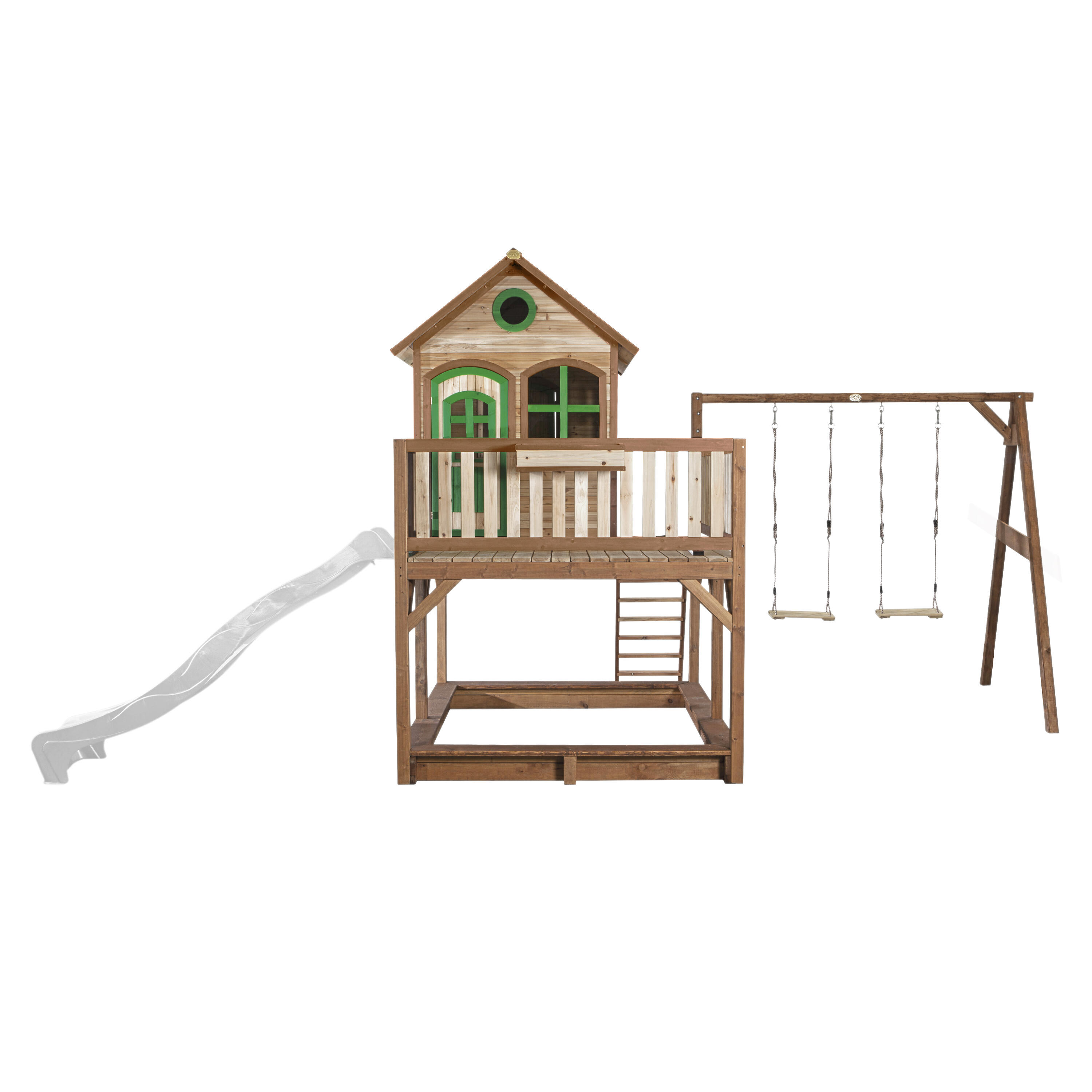 Maisonnette en bois Liam Marron/Verte avec 2 Balançoires - Toboggan Blanc 2/7