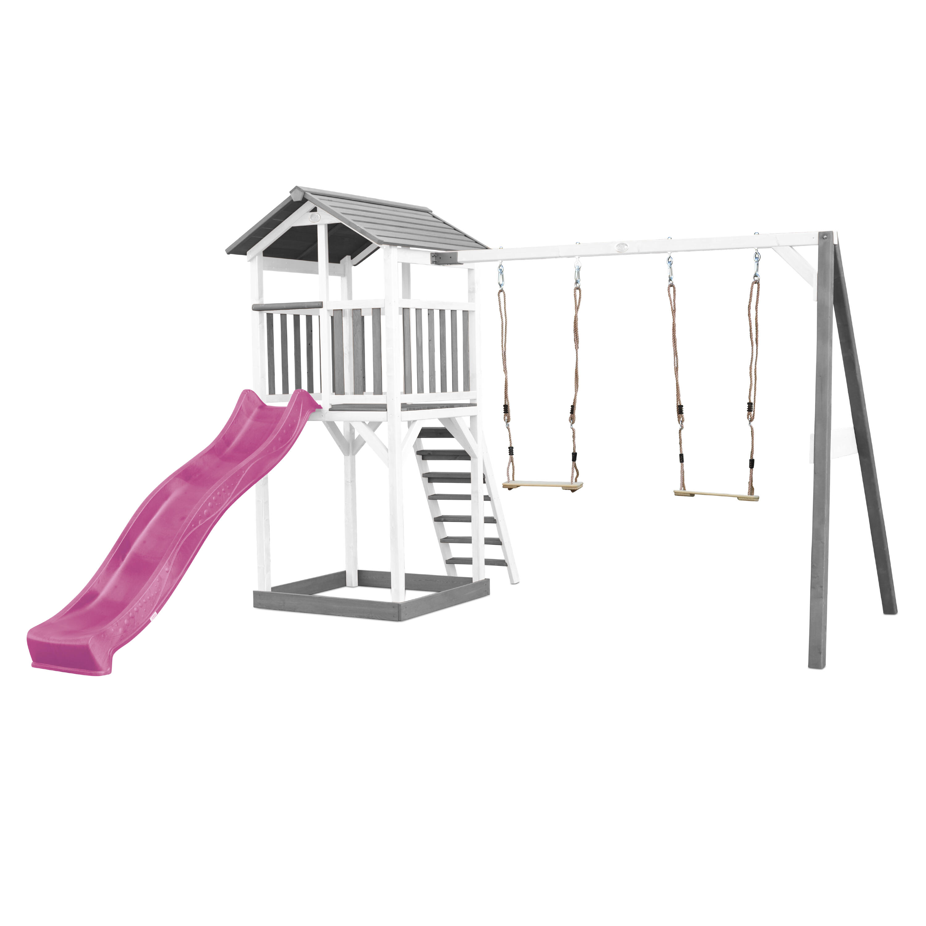 Axi - Aire De Jeux Beach Tower Grise/blanche Avec 2 Balançoires - Toboggan Violet - Aire De Jeu - Violet - Taille Unique - Decathlon