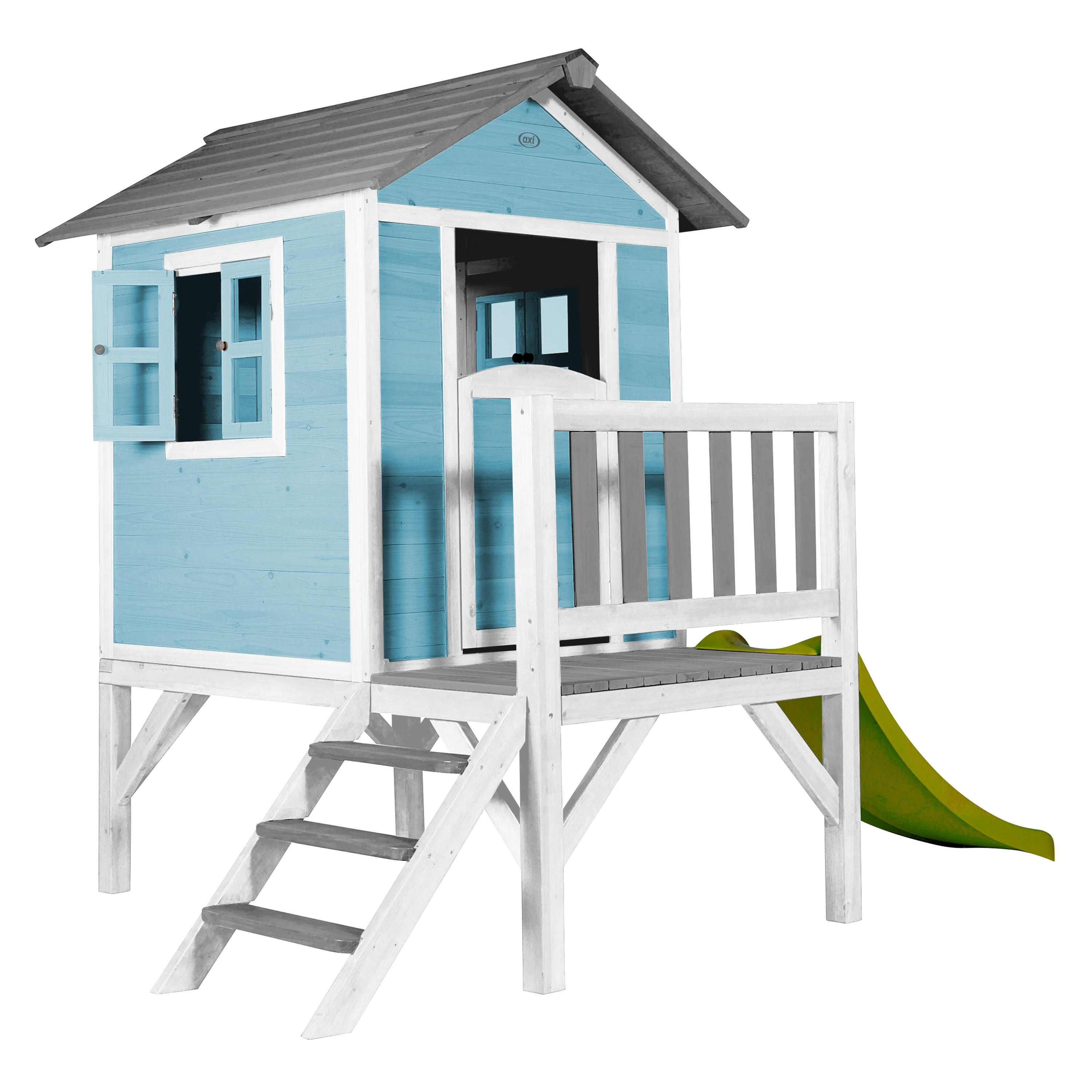 Casita de madera Lodge XL azul - Tobogán verde limón 2/7