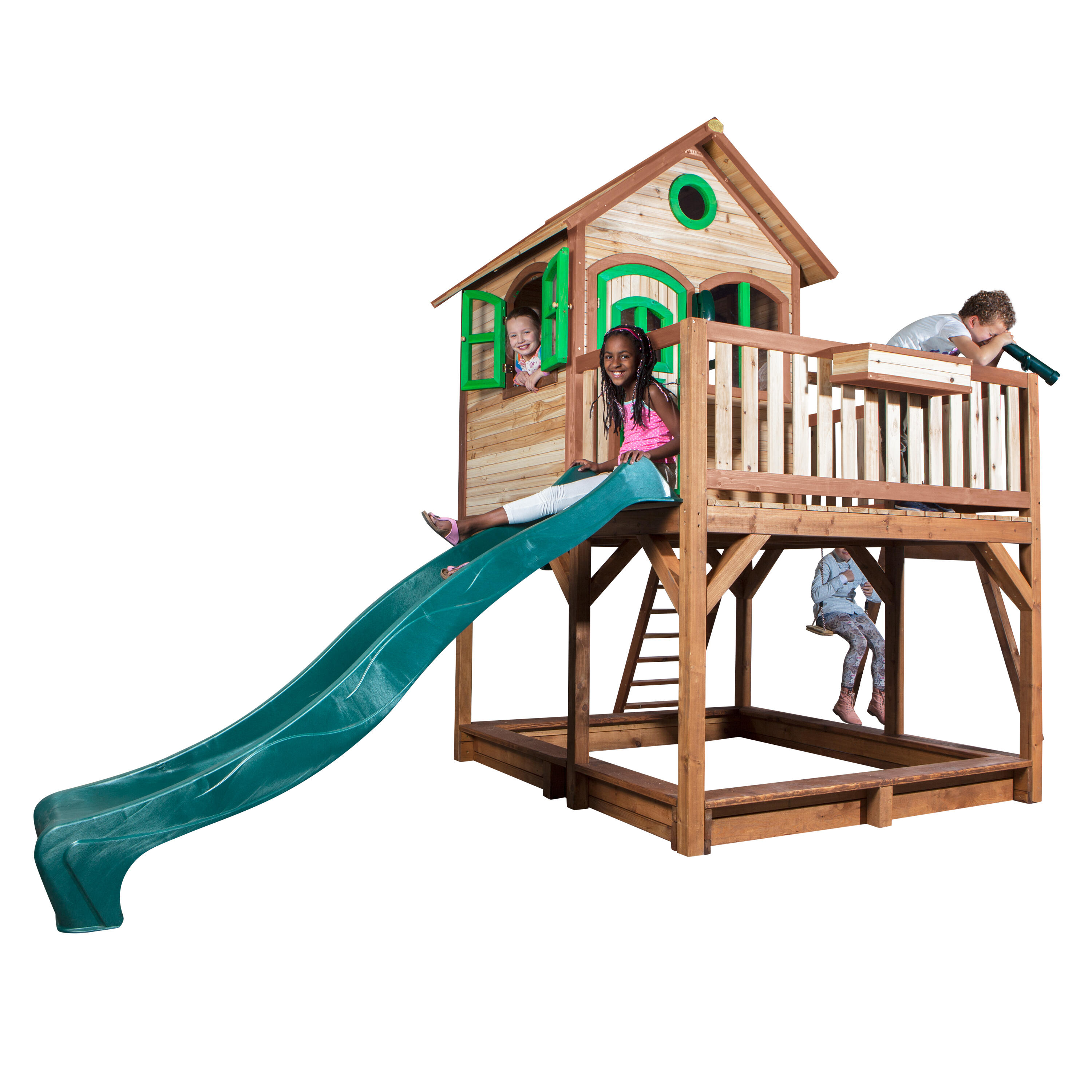 Maisonnette en bois Liam Marron/Verte avec 2 Balançoires - Toboggan Vert 7/7