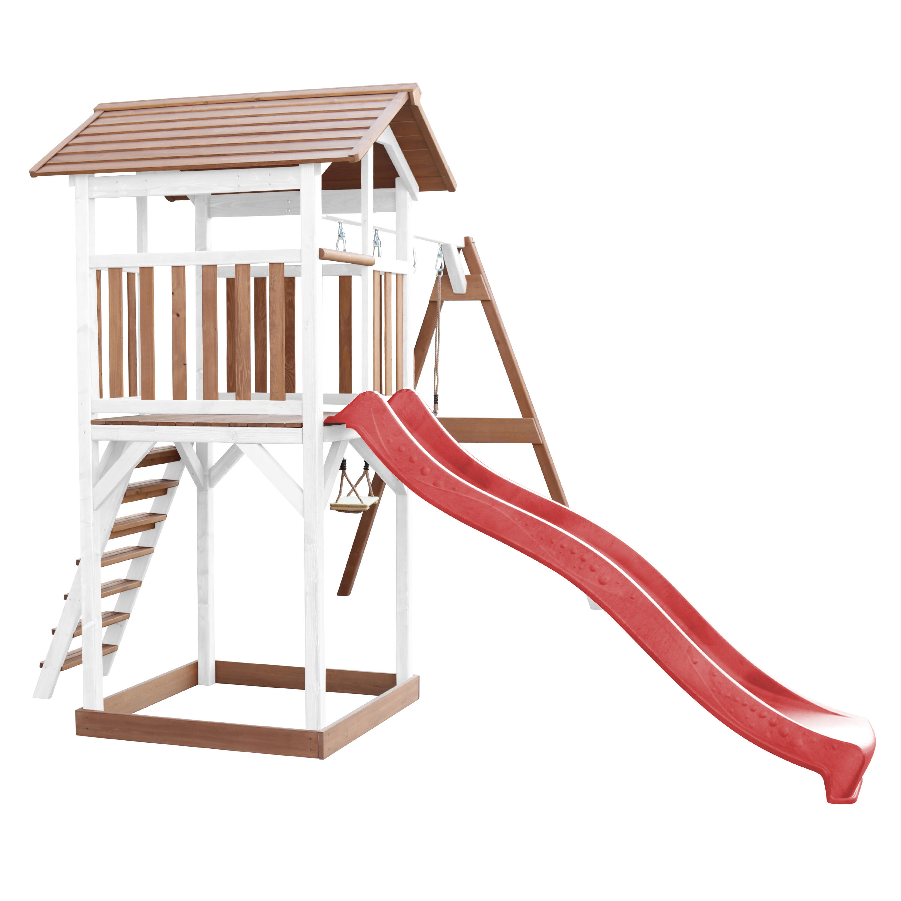 Aire de jeux Beach Tower Marron/Blanche avec 2 Balançoires - Toboggan Rouge 6/7