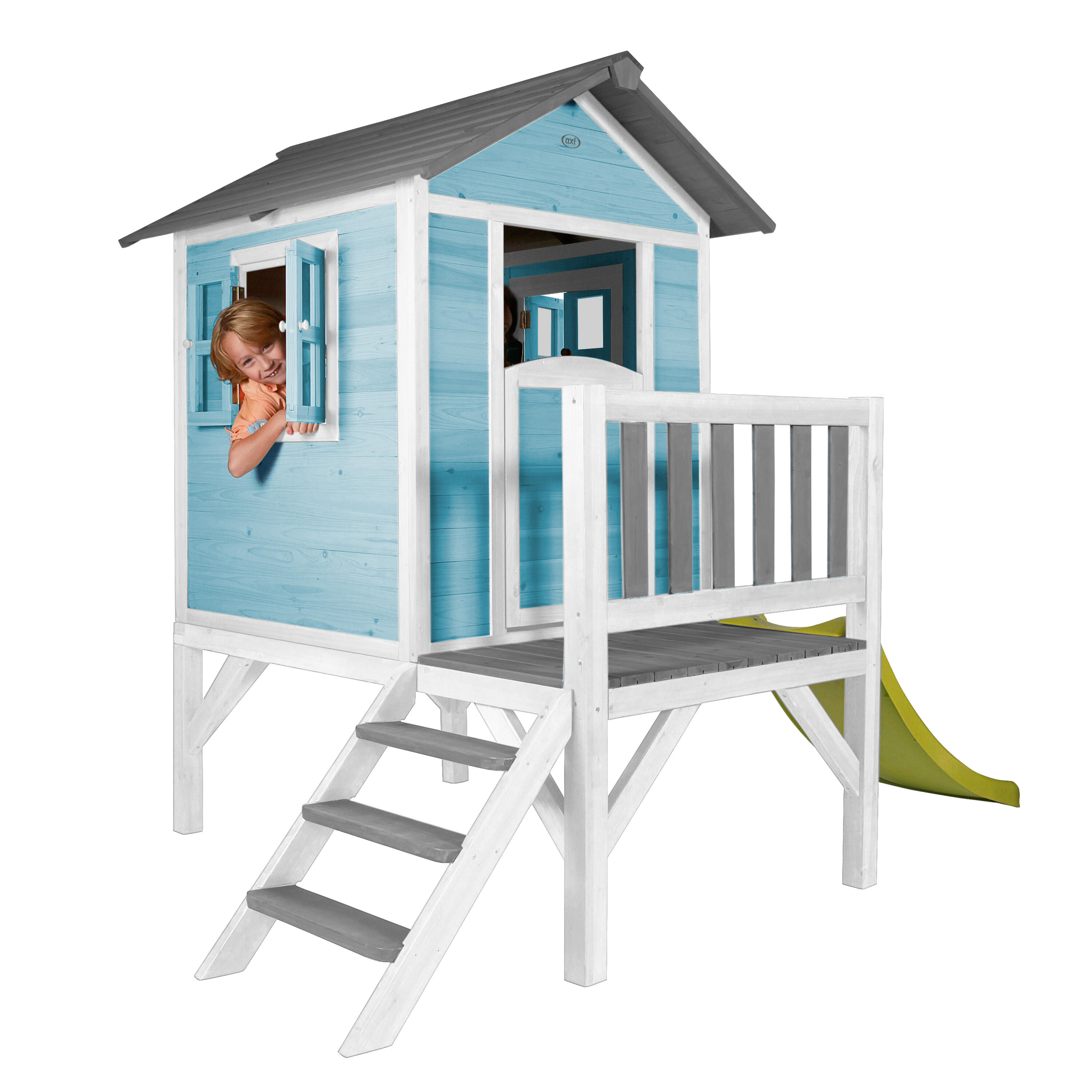 Casita de madera Lodge XL azul - Tobogán verde limón 6/7
