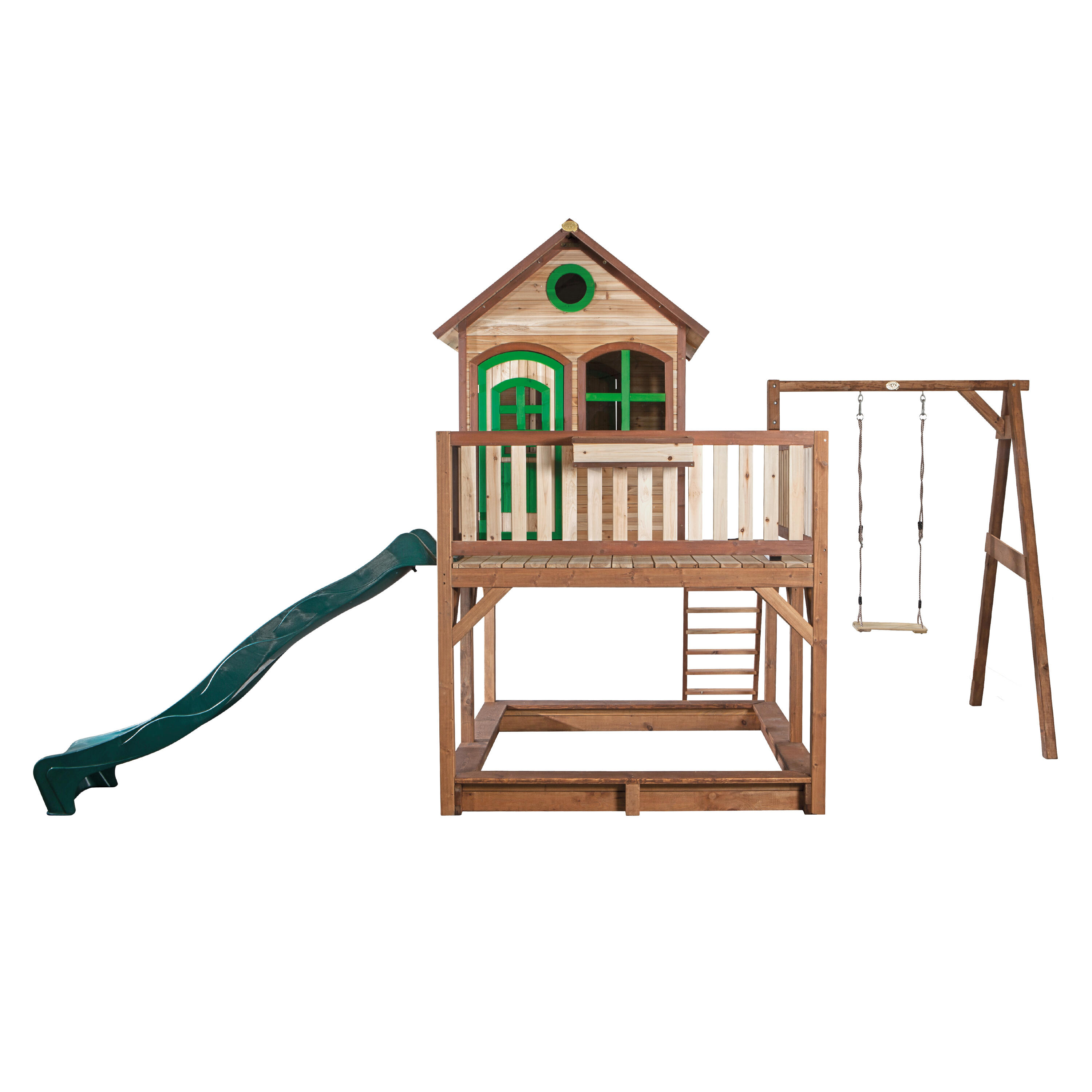 Maisonnette en bois Liam Marron/Verte avec 1 Balançoire - Toboggan Vert 2/7