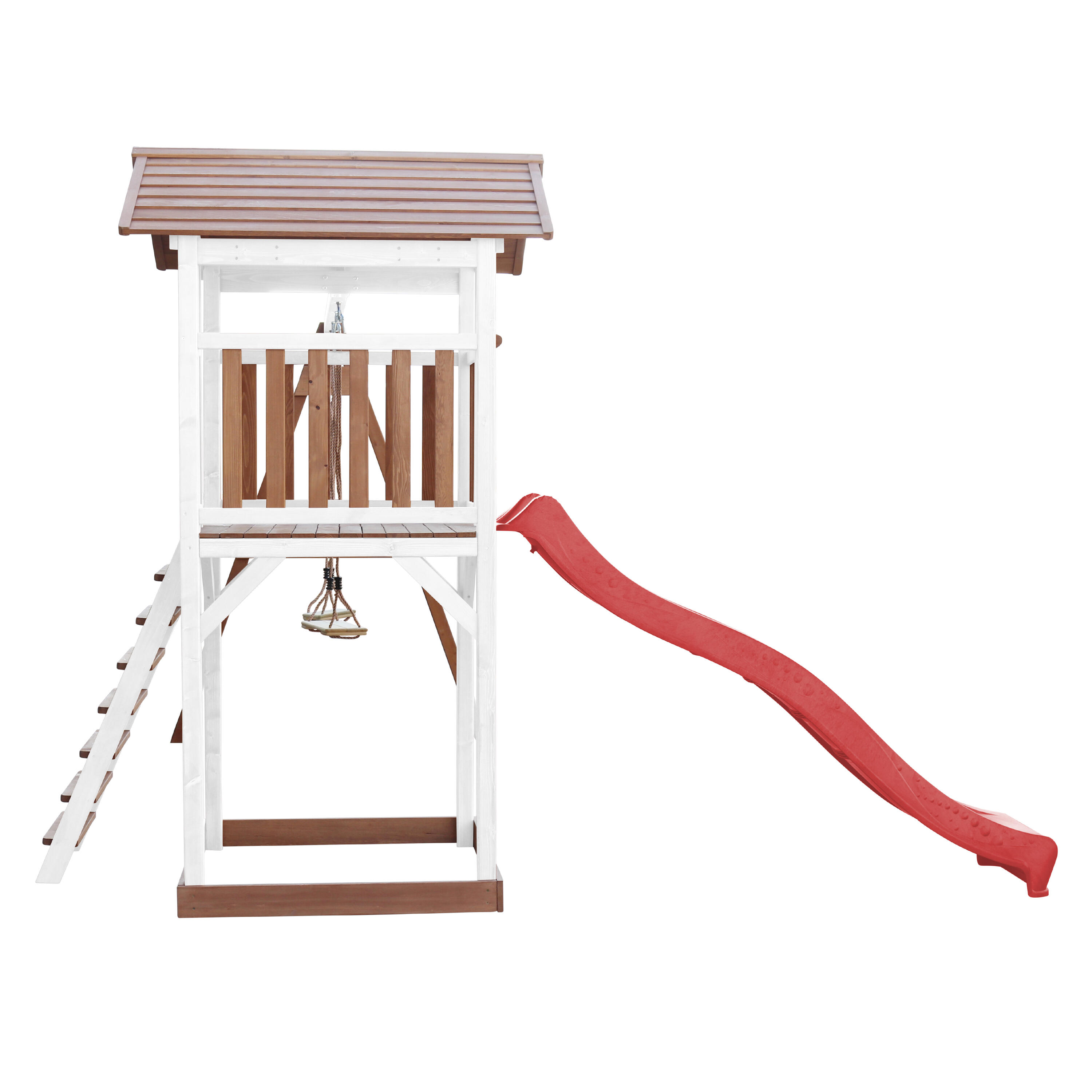 Aire de jeux Beach Tower Marron/Blanche avec 2 Balançoires - Toboggan Rouge 7/7