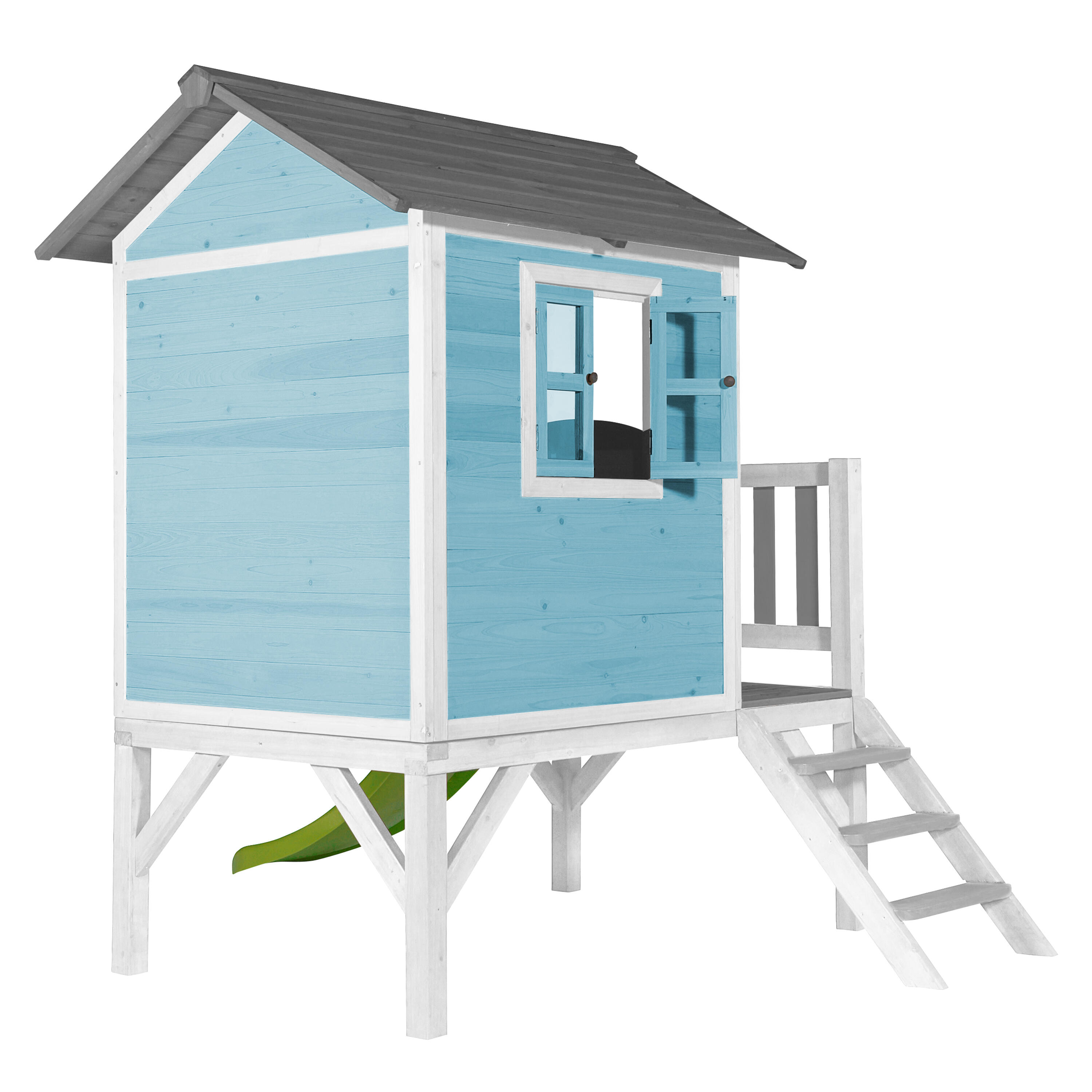 Casita de madera Lodge XL azul - Tobogán verde limón 5/7