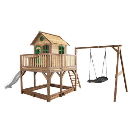 Maisonnette en bois Liam, Bac à Sable, Balançoire et Toboggan Gris