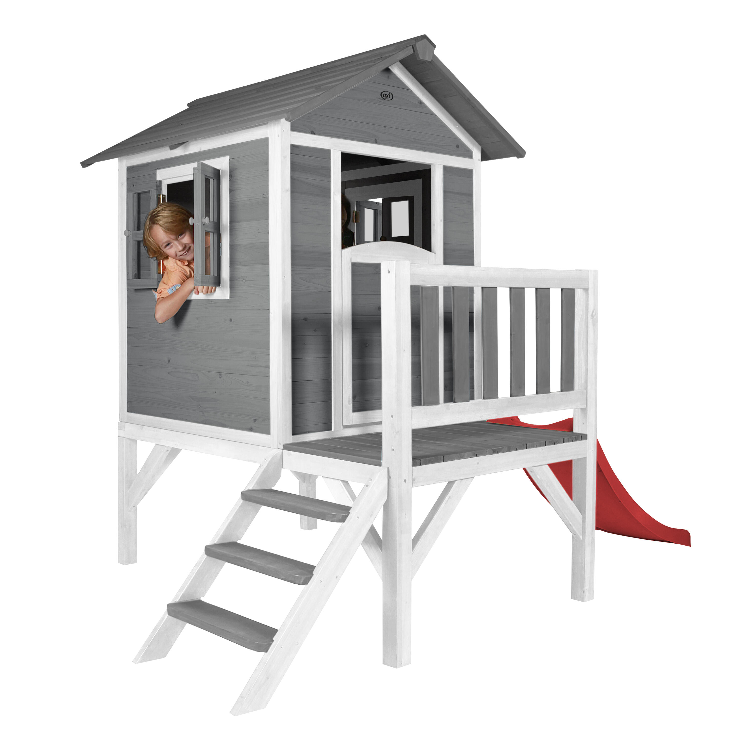 Maisonnette en bois Lodge XL Grise - Toboggan Rouge 6/7