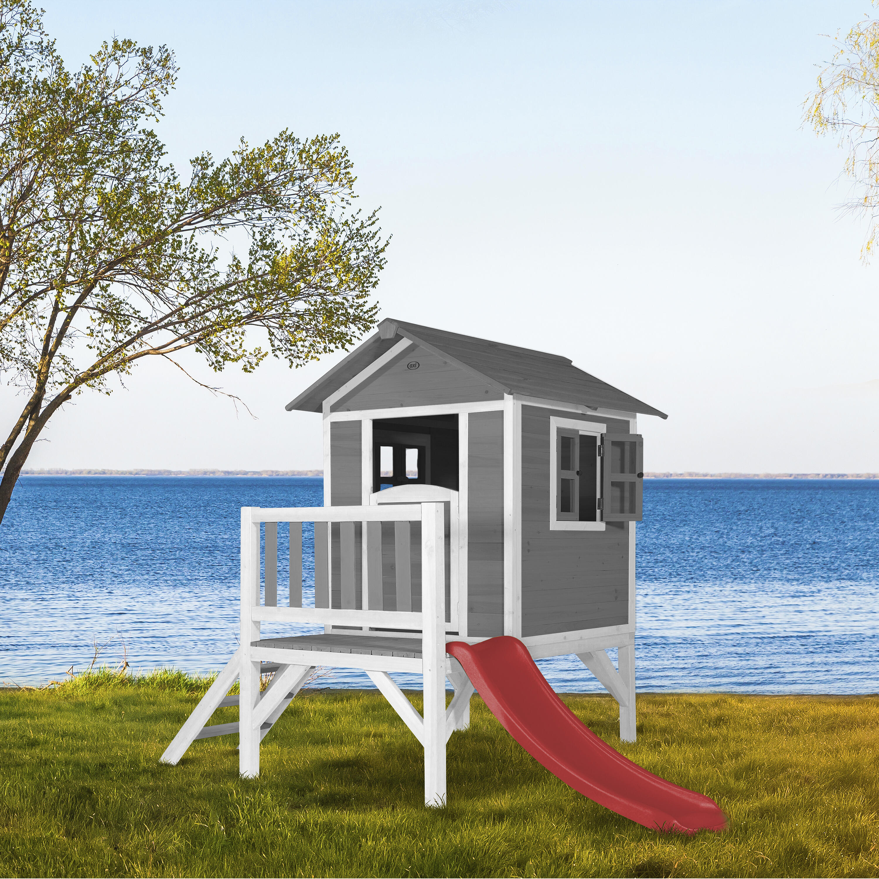 Maisonnette en bois Lodge XL Grise - Toboggan Rouge 7/7