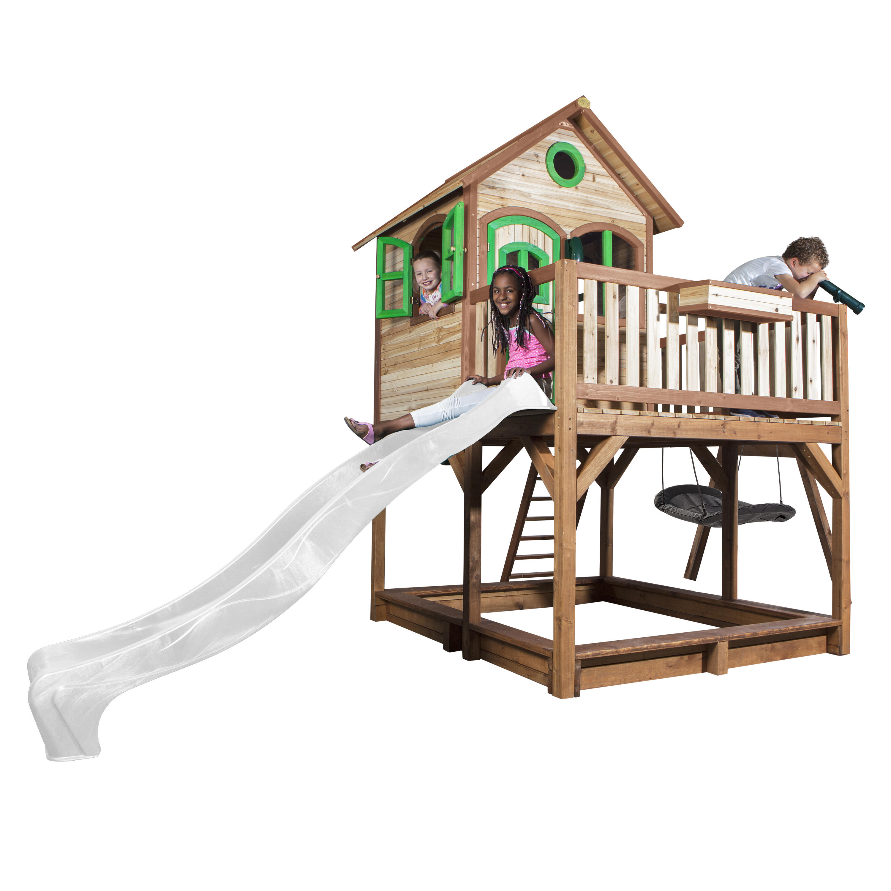Maisonnette en bois Liam, Bac à Sable, Balançoire et Toboggan Blanc 7/7