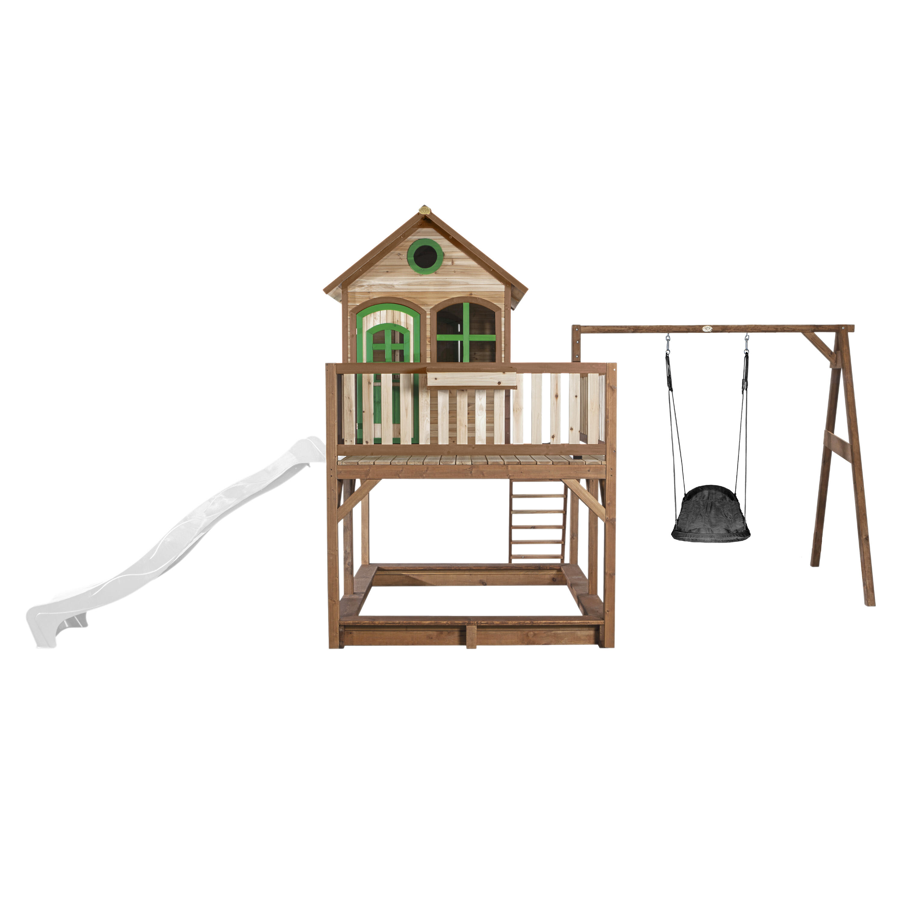 Maisonnette en bois Liam, Bac à Sable, Balançoire et Toboggan Blanc 2/7