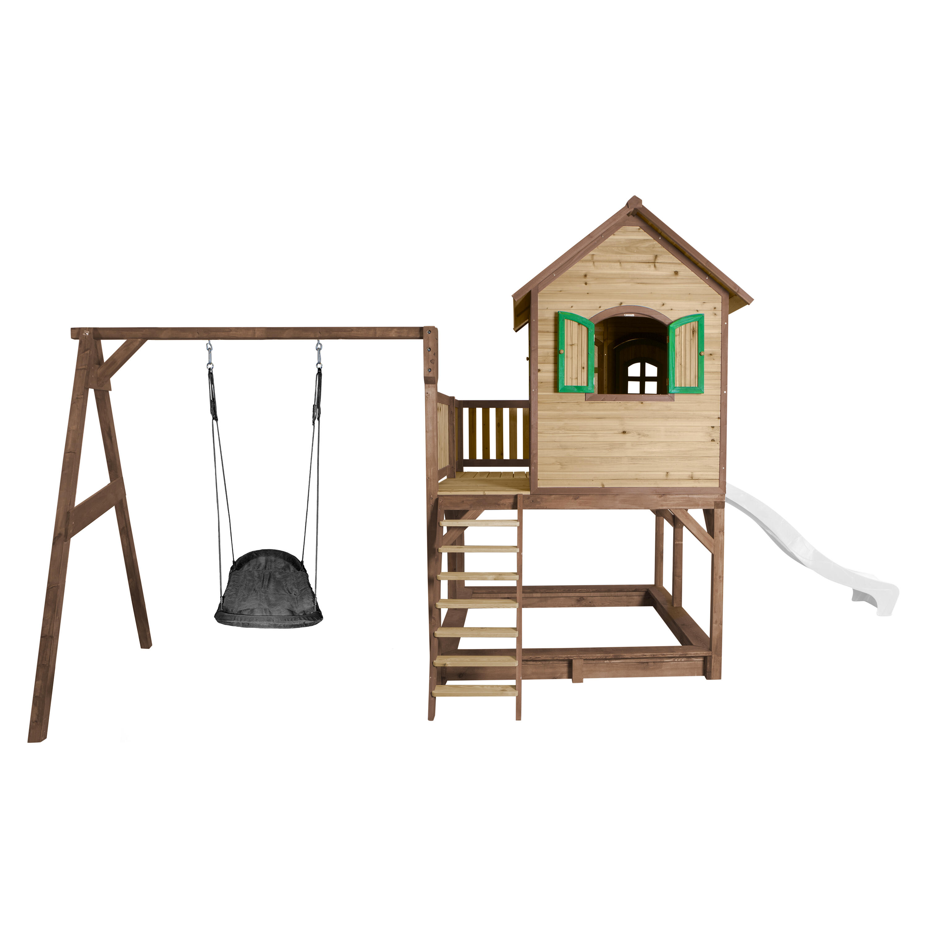 Maisonnette en bois Liam, Bac à Sable, Balançoire et Toboggan Blanc 5/7