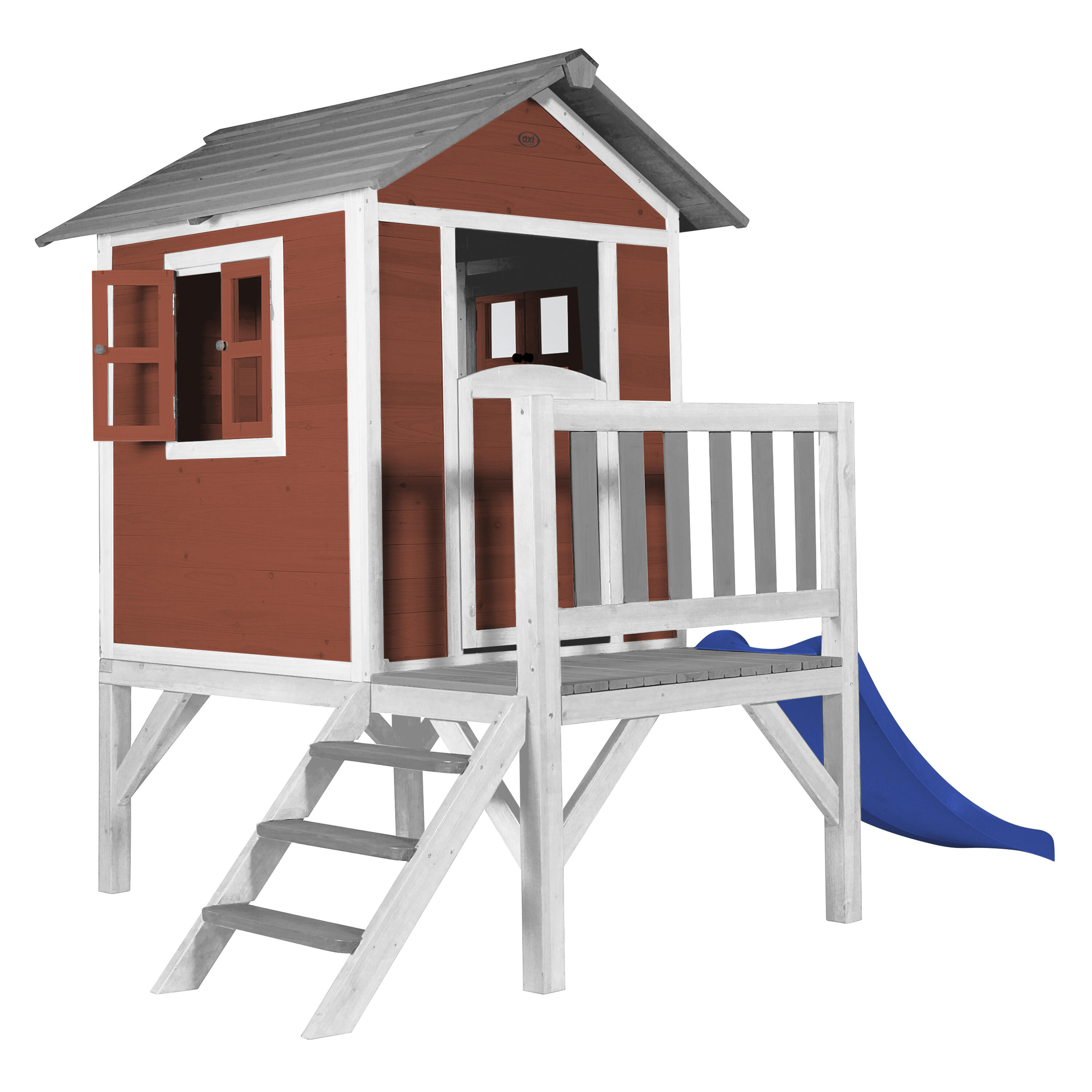 Maisonnette en bois Lodge XL Rouge - Toboggan Bleu 2/7