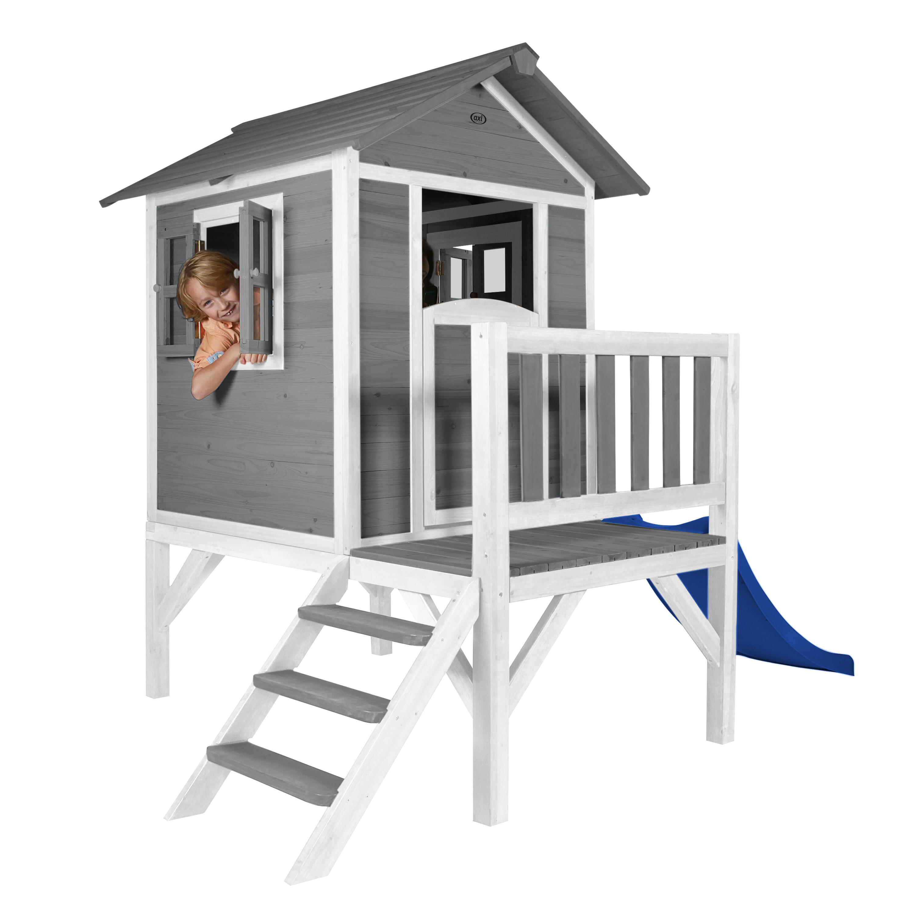 Maisonnette en bois Lodge XL Grise - Toboggan Bleu 6/7