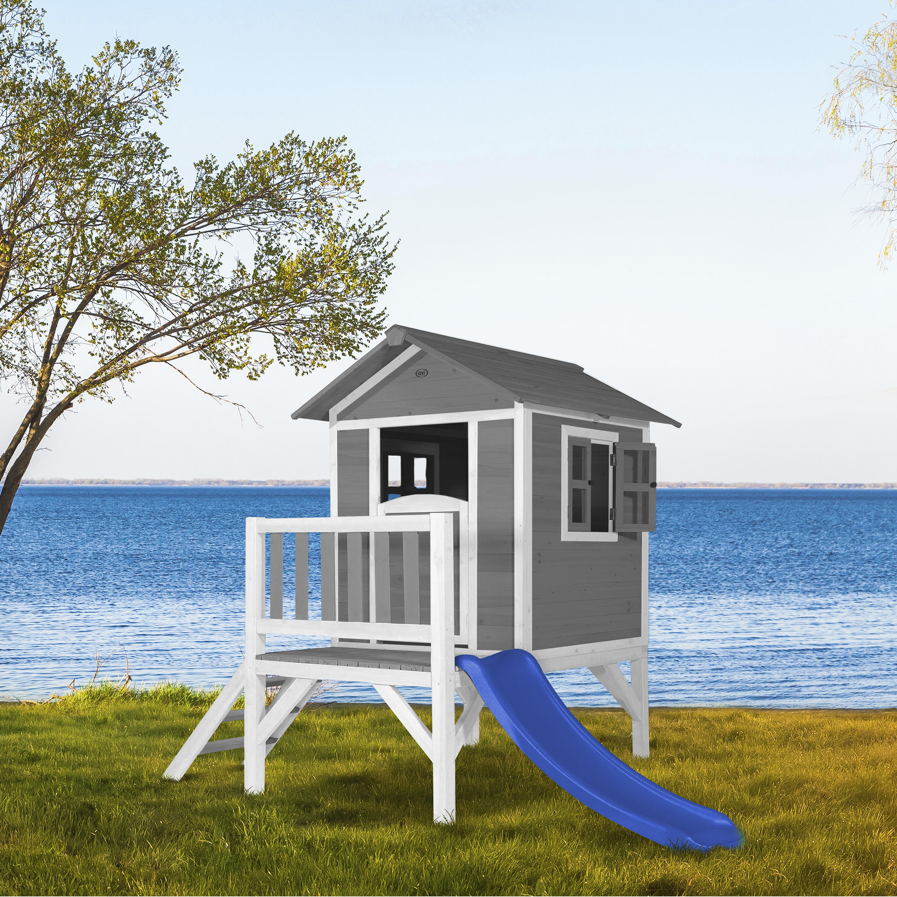 Maisonnette en bois Lodge XL Grise - Toboggan Bleu 7/7