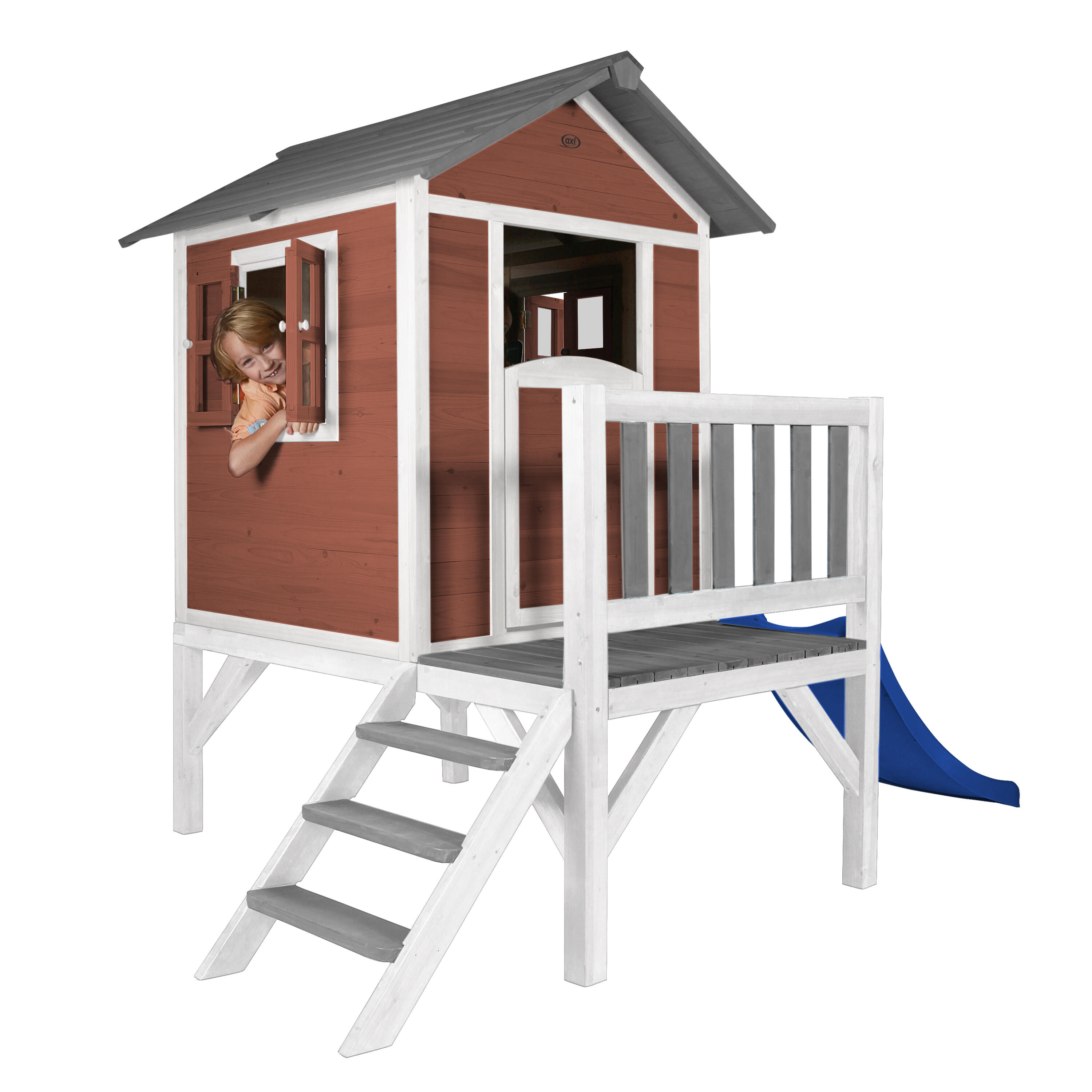 Maisonnette en bois Lodge XL Rouge - Toboggan Bleu 6/7