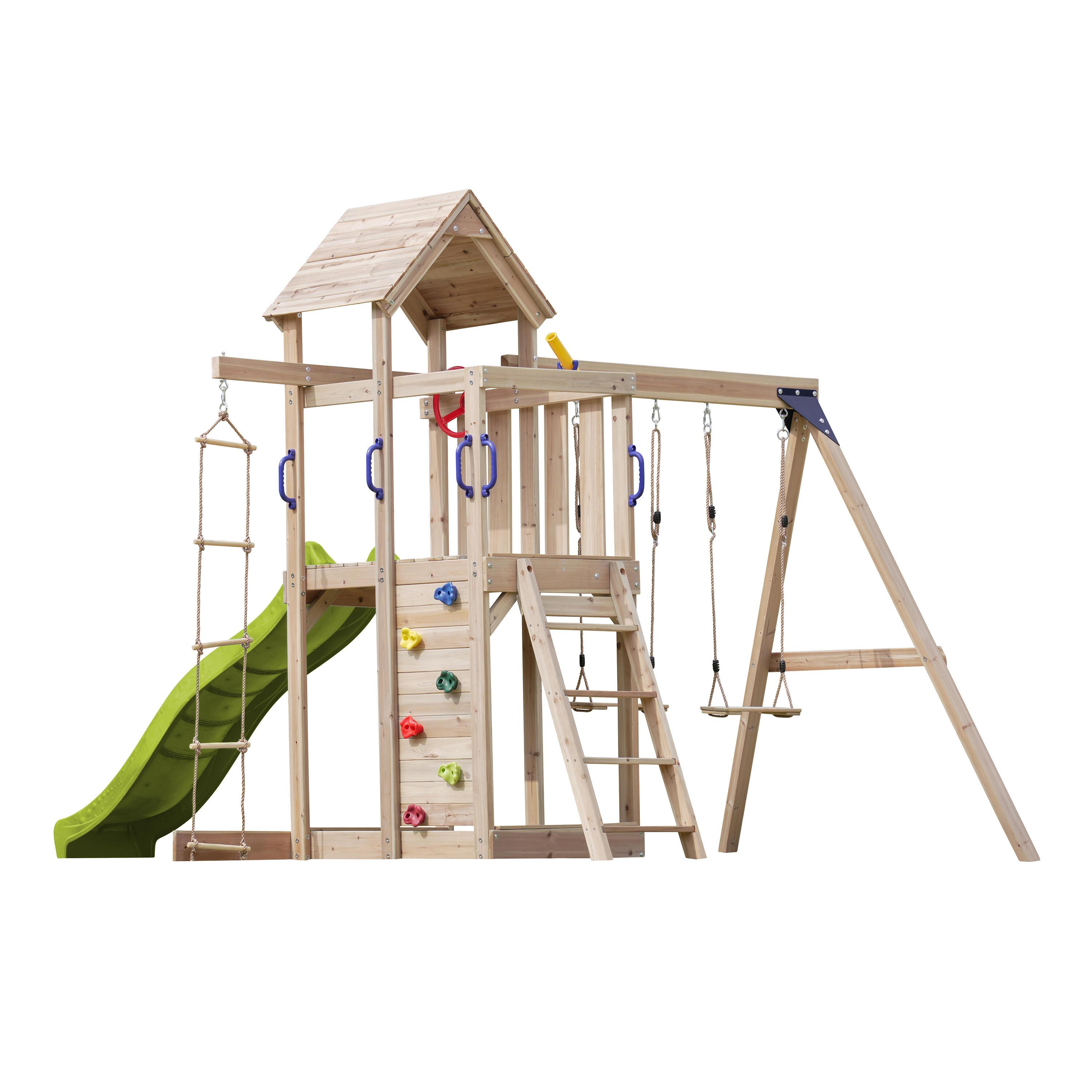 Aire de jeux, Moos avec balançoire double et échelle en corde- toboggan jaune 6/7