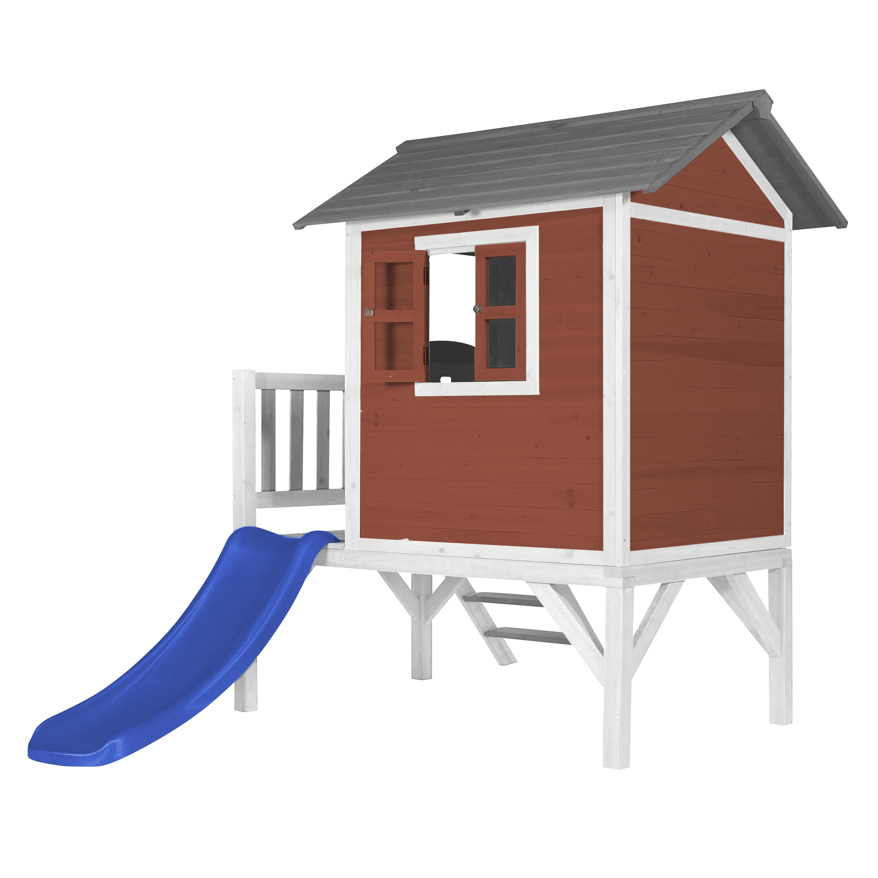 Maisonnette en bois Lodge XL Rouge - Toboggan Bleu 4/7