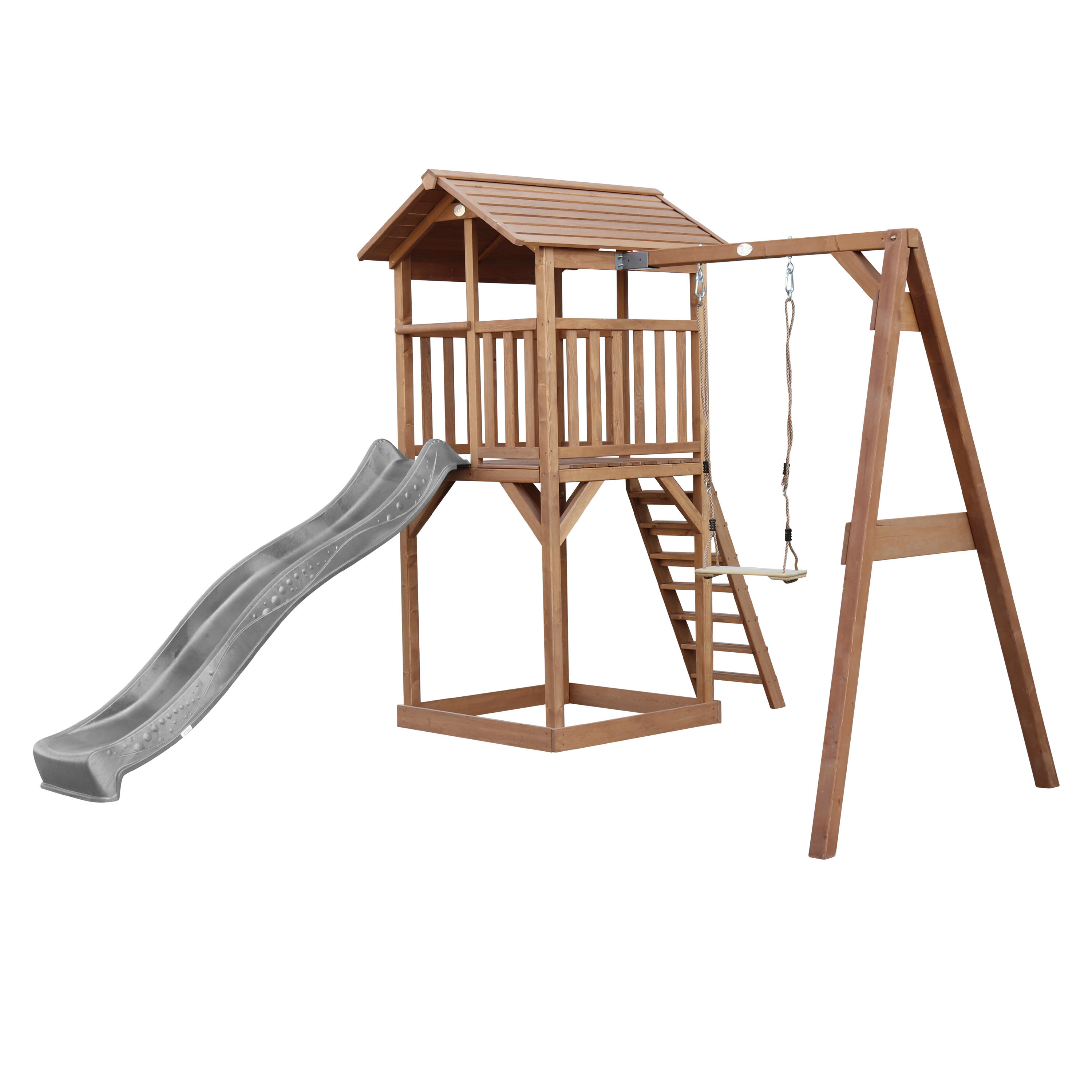 Aire de jeux Beach Tower Marron avec 1 Balançoire - Toboggan Gris 2/7