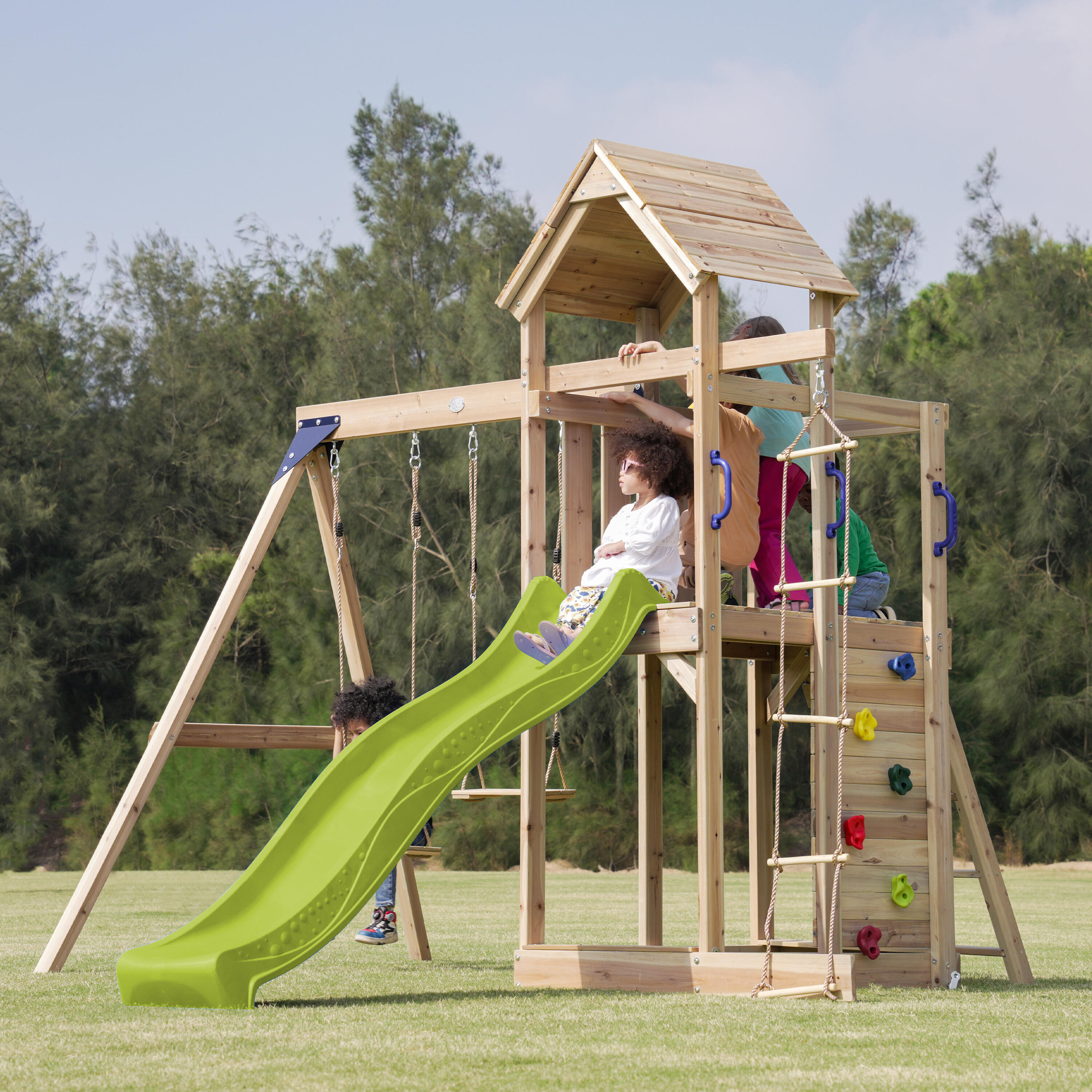 Aire de jeux, Moos avec balançoire double et échelle en corde- toboggan jaune 3/7