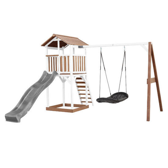 Aire de jeux Beach Tower Marron/Blanche, Balançoire, Toboggan Gris