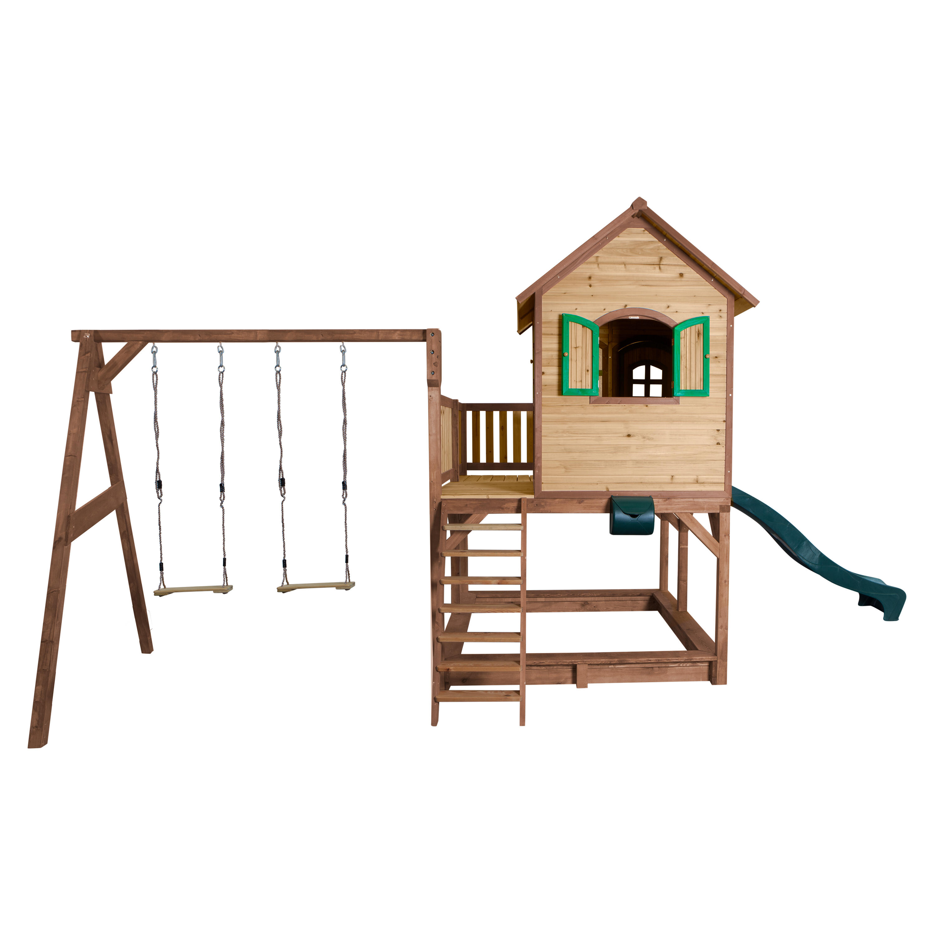 Maisonnette en bois Liam Marron/Verte avec 2 Balançoires - Toboggan Vert 5/7