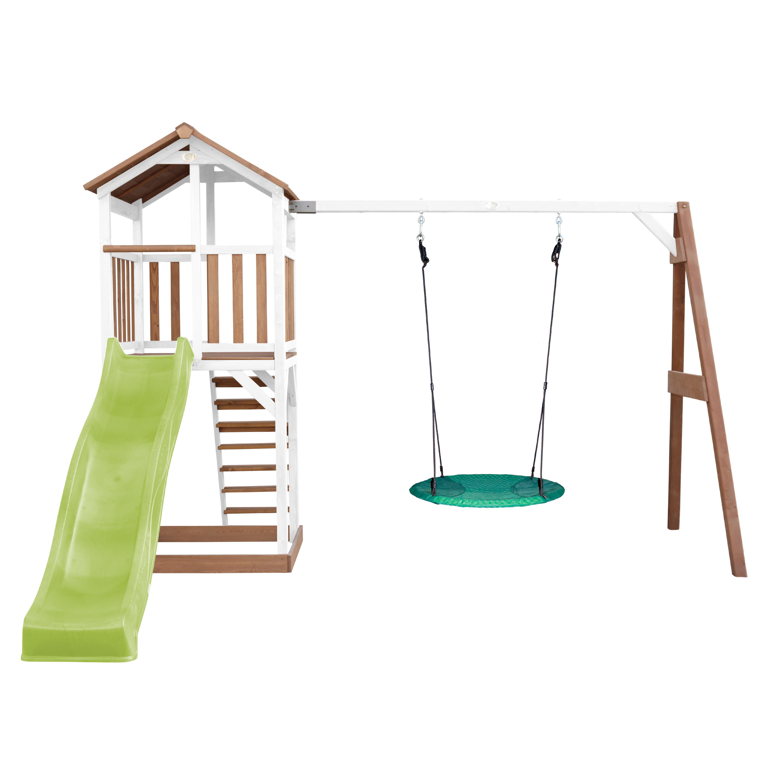 Aire de jeux Beach Tower Marron/Blanche, Toboggan Jaune, Balançoire 2/7