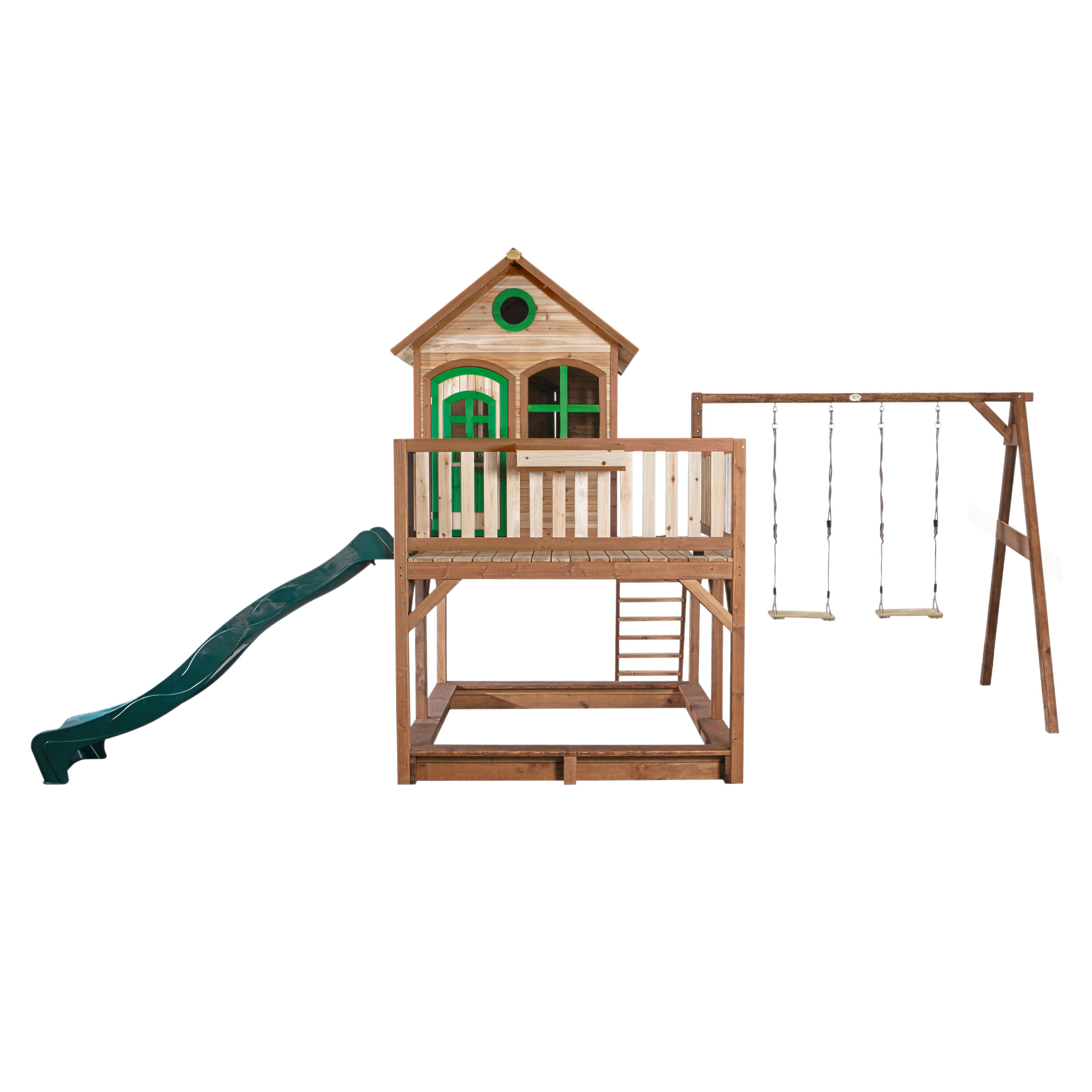 Maisonnette en bois Liam Marron/Verte avec 2 Balançoires - Toboggan Vert 2/7