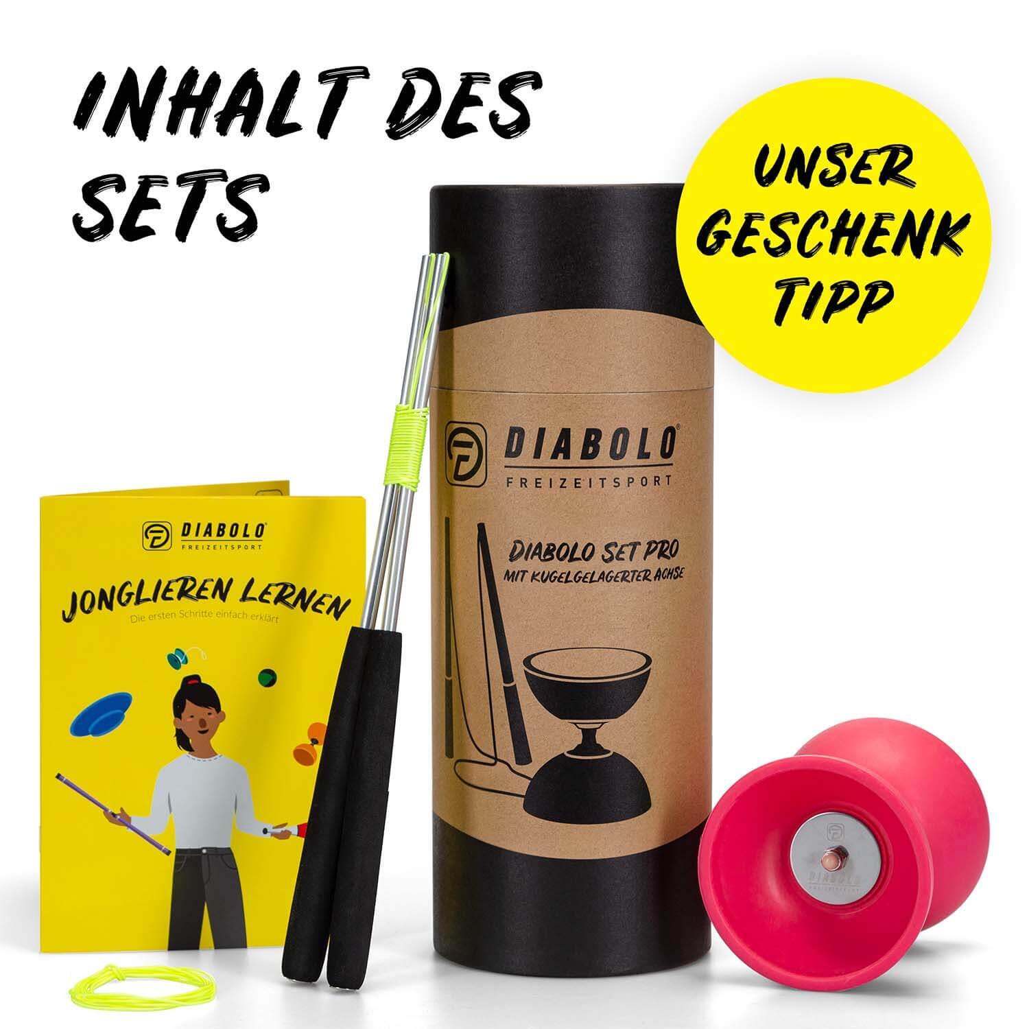 Diabolo Set Pro (pink) mit kugelgelagerter Achse, Handstäben &Ersatzschnur 3/7