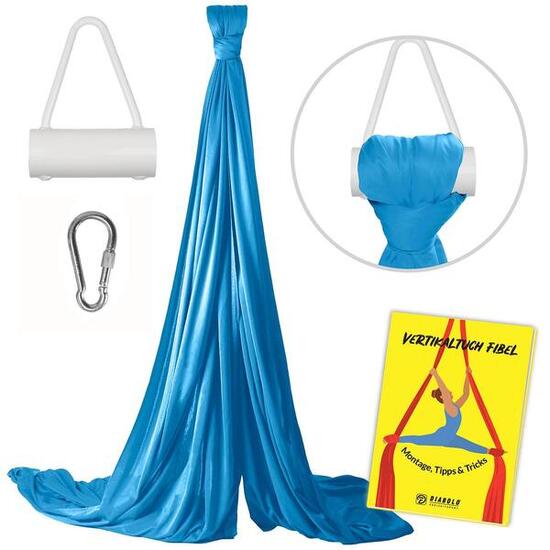 Vertikaltuch 8m (türkisblau) mit Triangel-Aufhängung (weiß) und Transportbeutel
