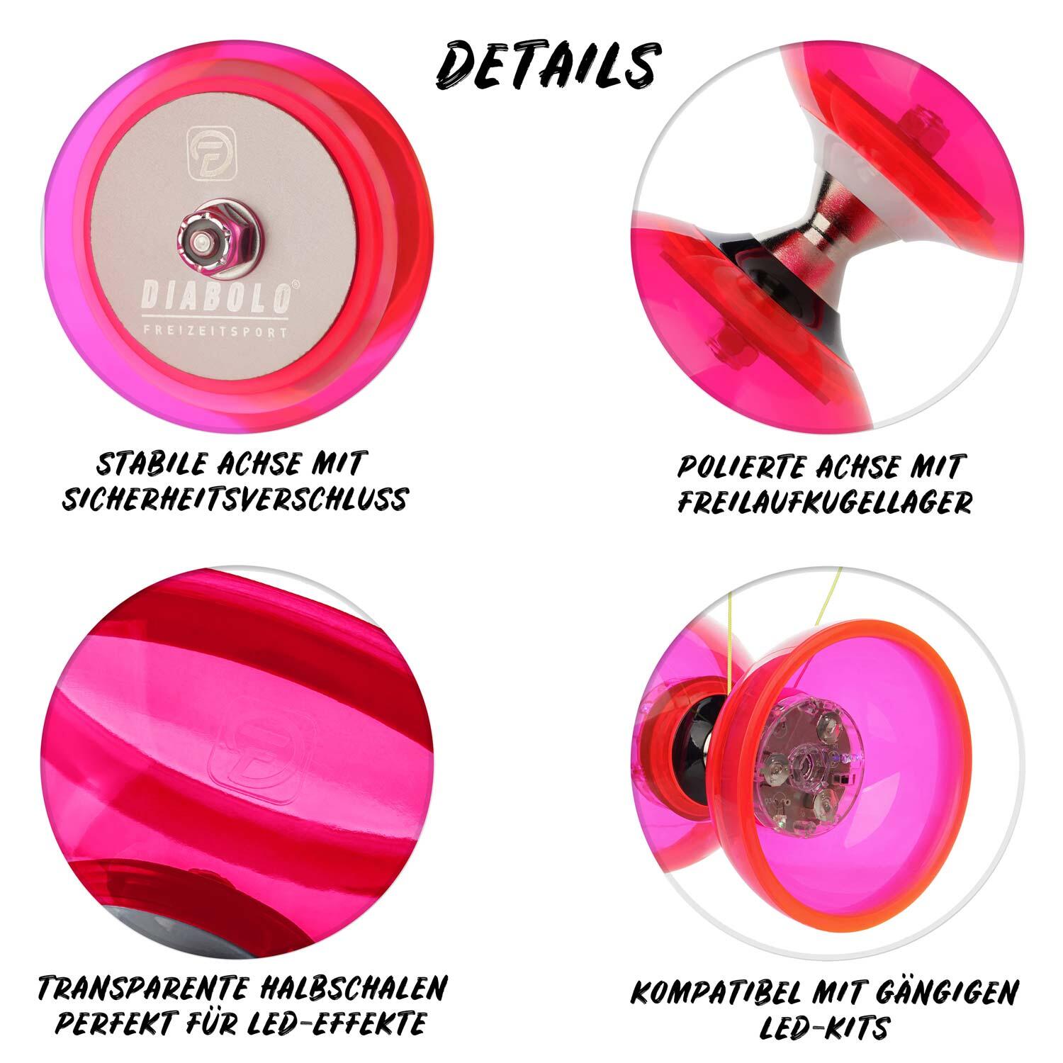 Diabolo Set Pro Clear (rot) mit kugelgelagerter Achse - LED-ready, UV reaktiv 3/7