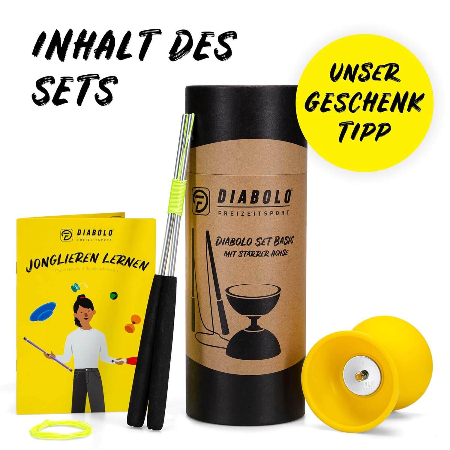 Diabolo Set Basic (gelb) mit starrer Achse, Handstäbe, Ersatzschnur, Anleitung 3/7