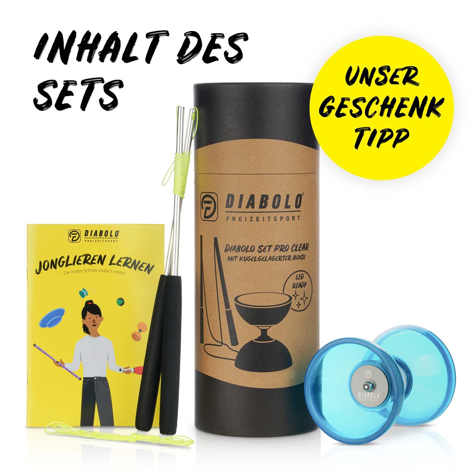 Diabolo Set Pro Clear (türkis) mit kugelgelagerter Achse - LED-ready, UV reaktiv 6/7