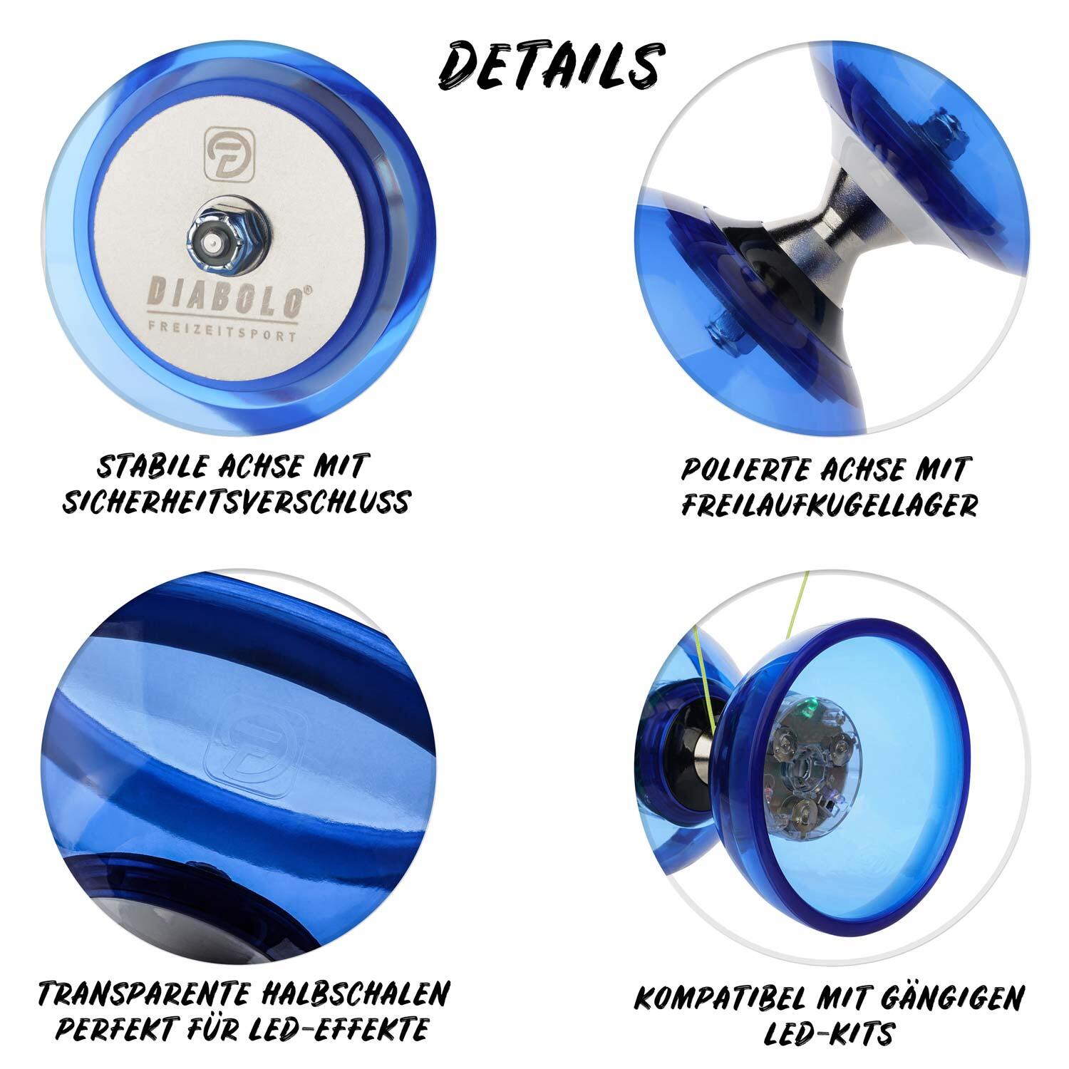 Diabolo Set Pro Clear (blau) mit kugelgelagerter Achse - LED-ready, UV reaktiv 3/7