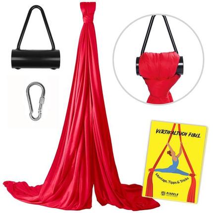 Vertikaltuch 8m (rot) mit Triangel-Aufhängung (schwarz) und Transportbeutel