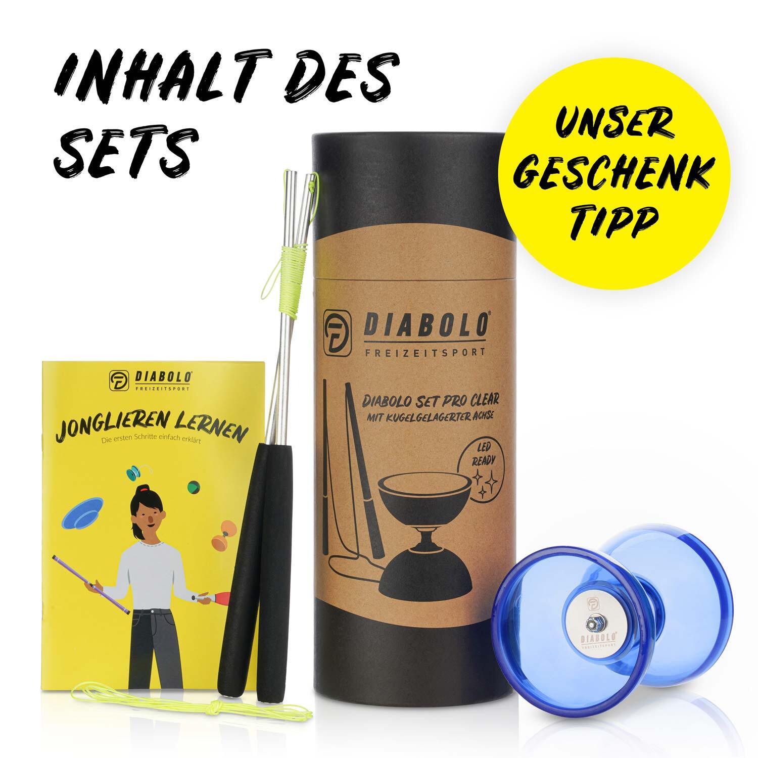 Diabolo Set Pro Clear (blau) mit kugelgelagerter Achse - LED-ready, UV reaktiv 6/7