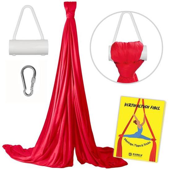 Vertikaltuch 8m (rot) mit Triangel-Aufhängung (weiß) und Transportbeutel