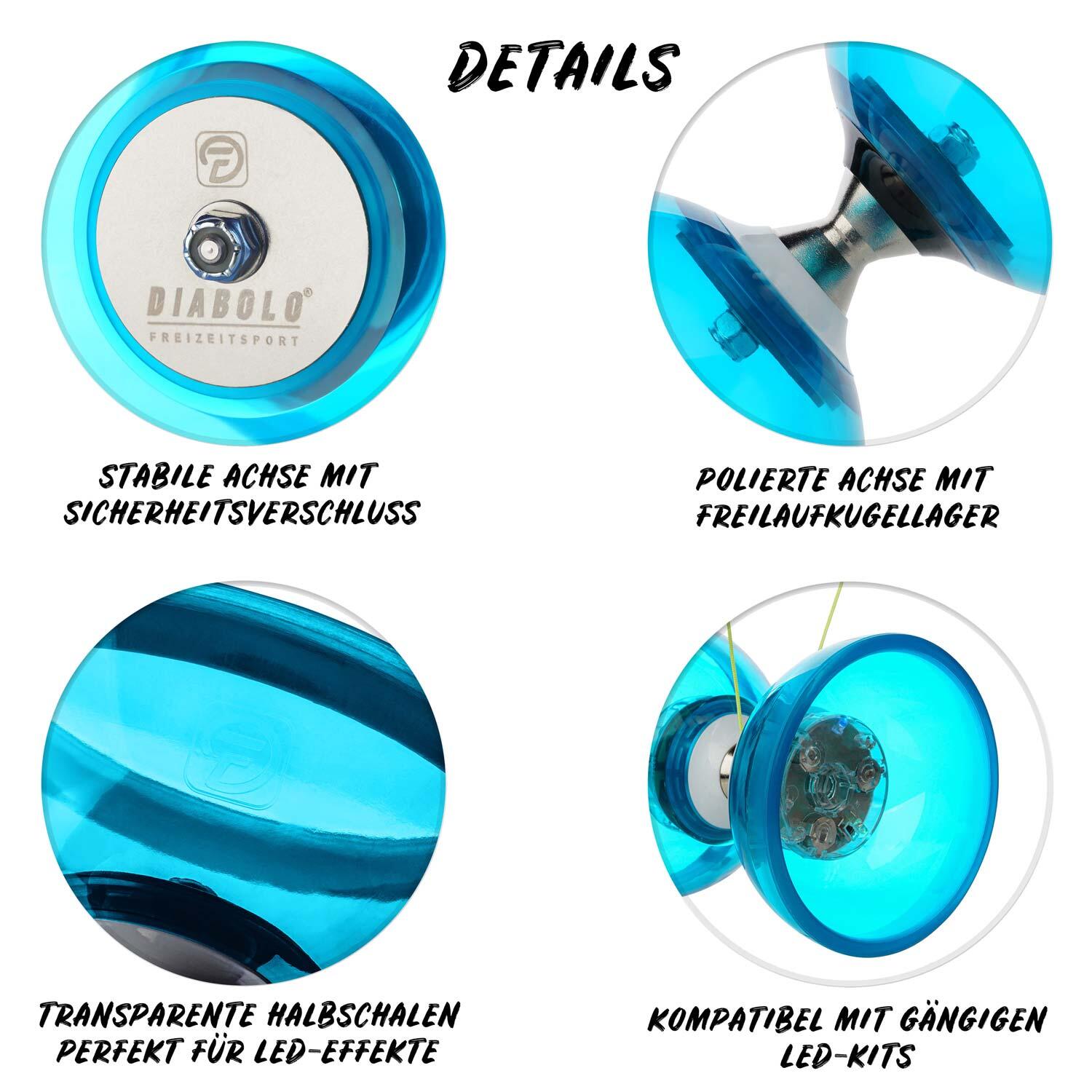 Diabolo Set Pro Clear (türkis) mit kugelgelagerter Achse - LED-ready, UV reaktiv 3/7