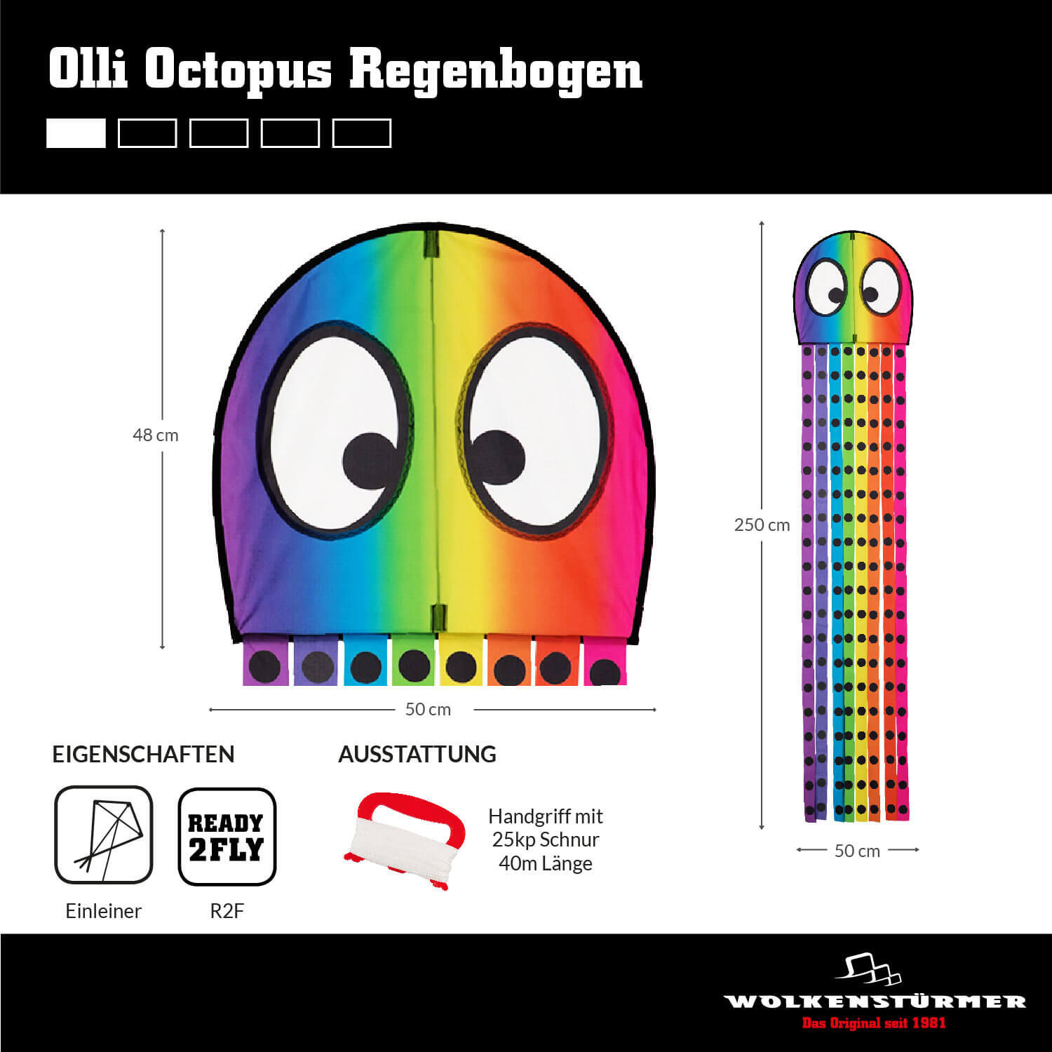 Kinderdrachen Olli Oktopus (regenbogen), Einleiner - flugfertig inkl. Schnur 4/7