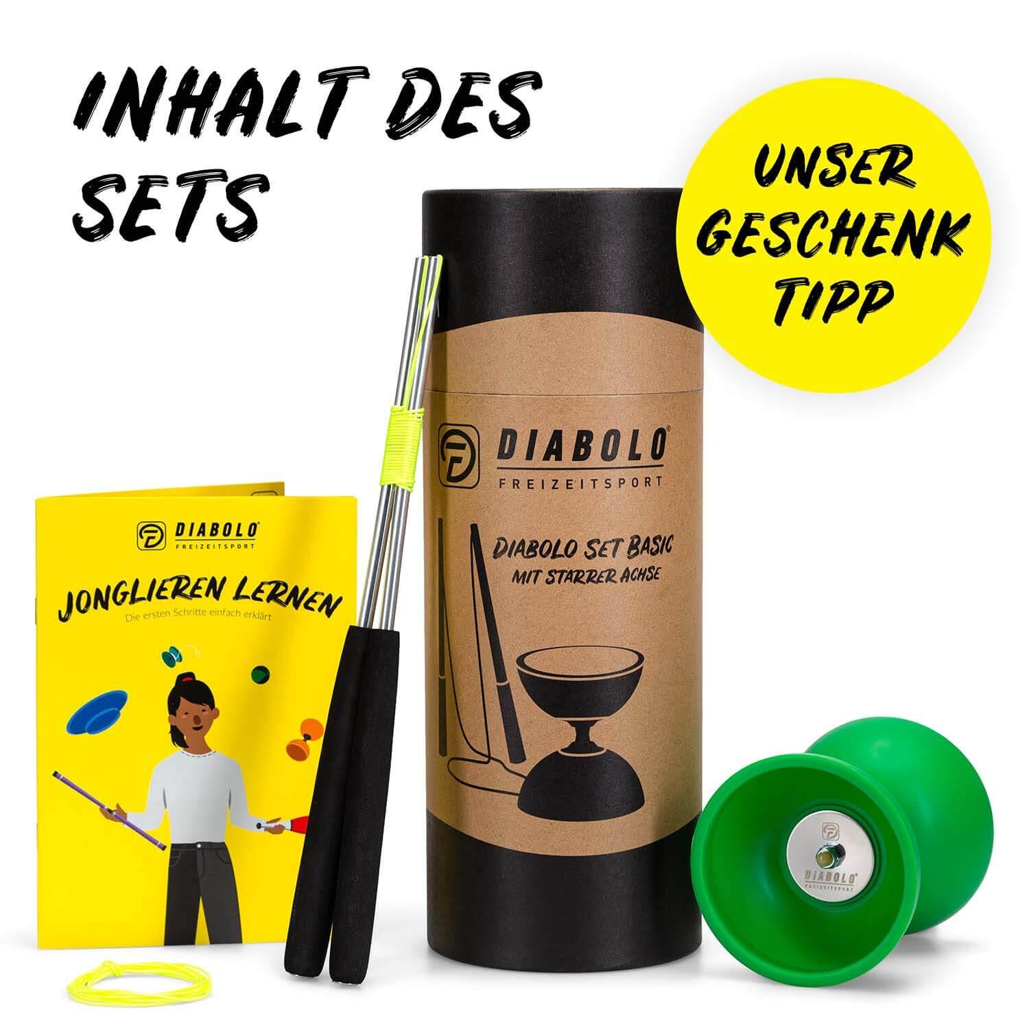 Diabolo Set Basic (grün) mit starrer Achse, Handstäbe, Ersatzschnur, Anleitung 3/7