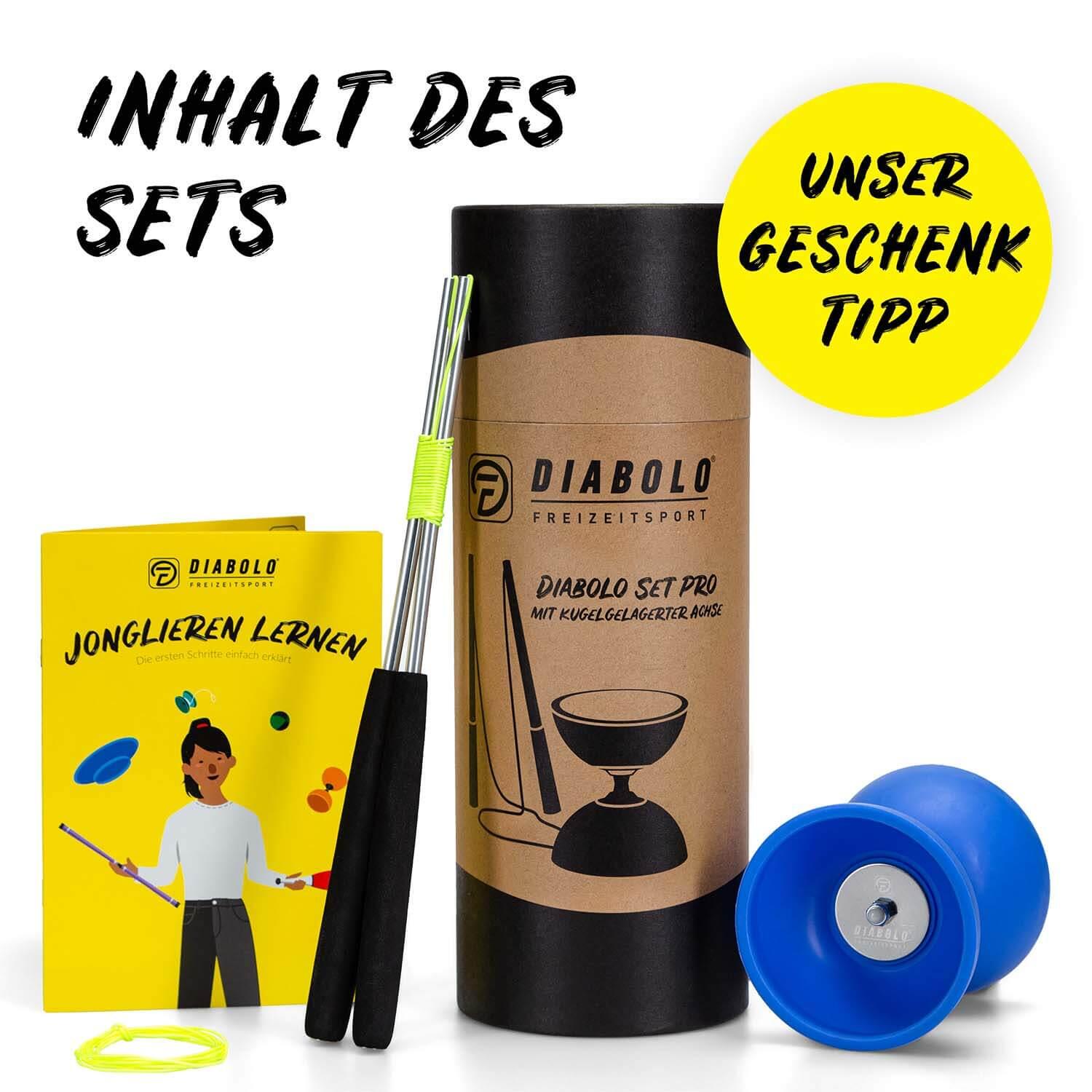 Diabolo Set Pro (blau) mit kugelgelagerter Achse, Handstäben &Ersatzschnur 3/7