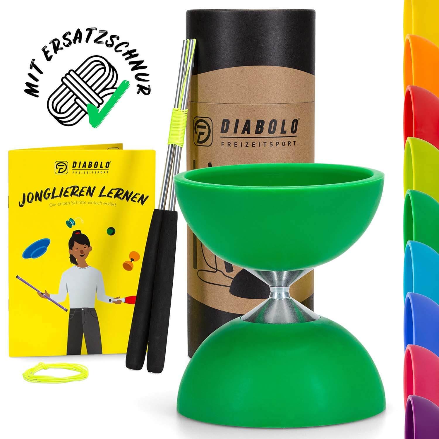 Diabolo Set Basic (grün) mit starrer Achse, Handstäbe, Ersatzschnur, Anleitung 1/7