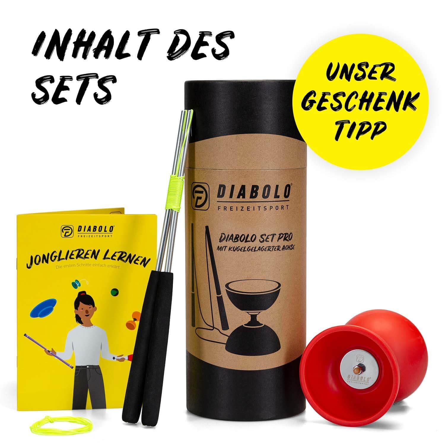 Diabolo Set Pro (rot) mit kugelgelagerter Achse, Handstäben &Ersatzschnur 3/7