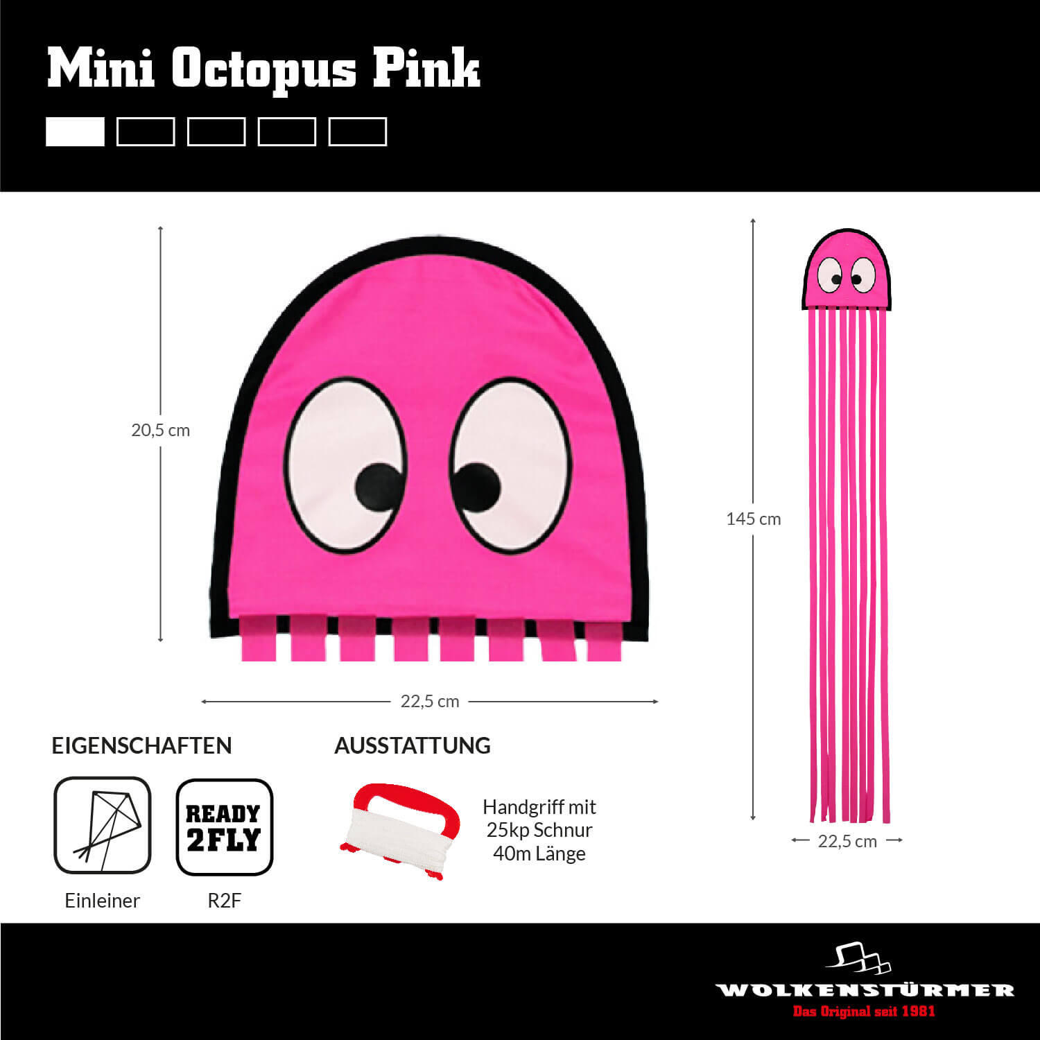 Cometa infantil Wolkensturmer Mini Pulpo Rosa 1177 Rosa 150 x 22 cm 5/7