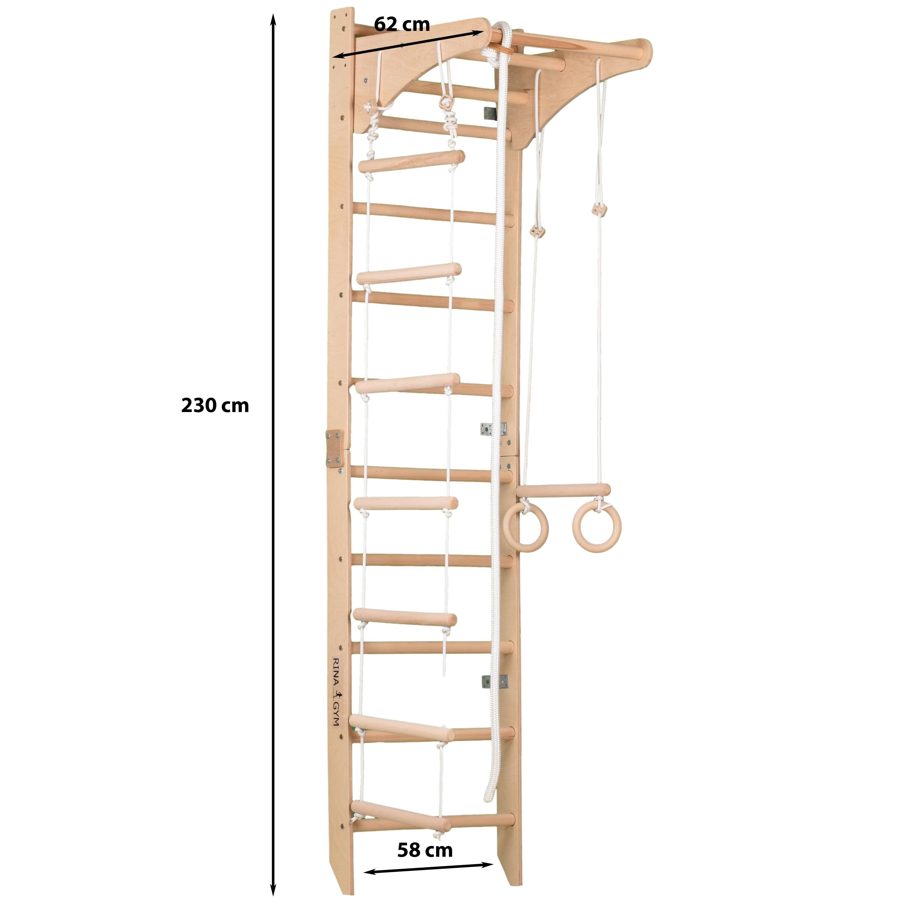 Sprossenwand Holz mit Klimmzugstange, Ringen & Seil – Indoor (SPR C) 2/5