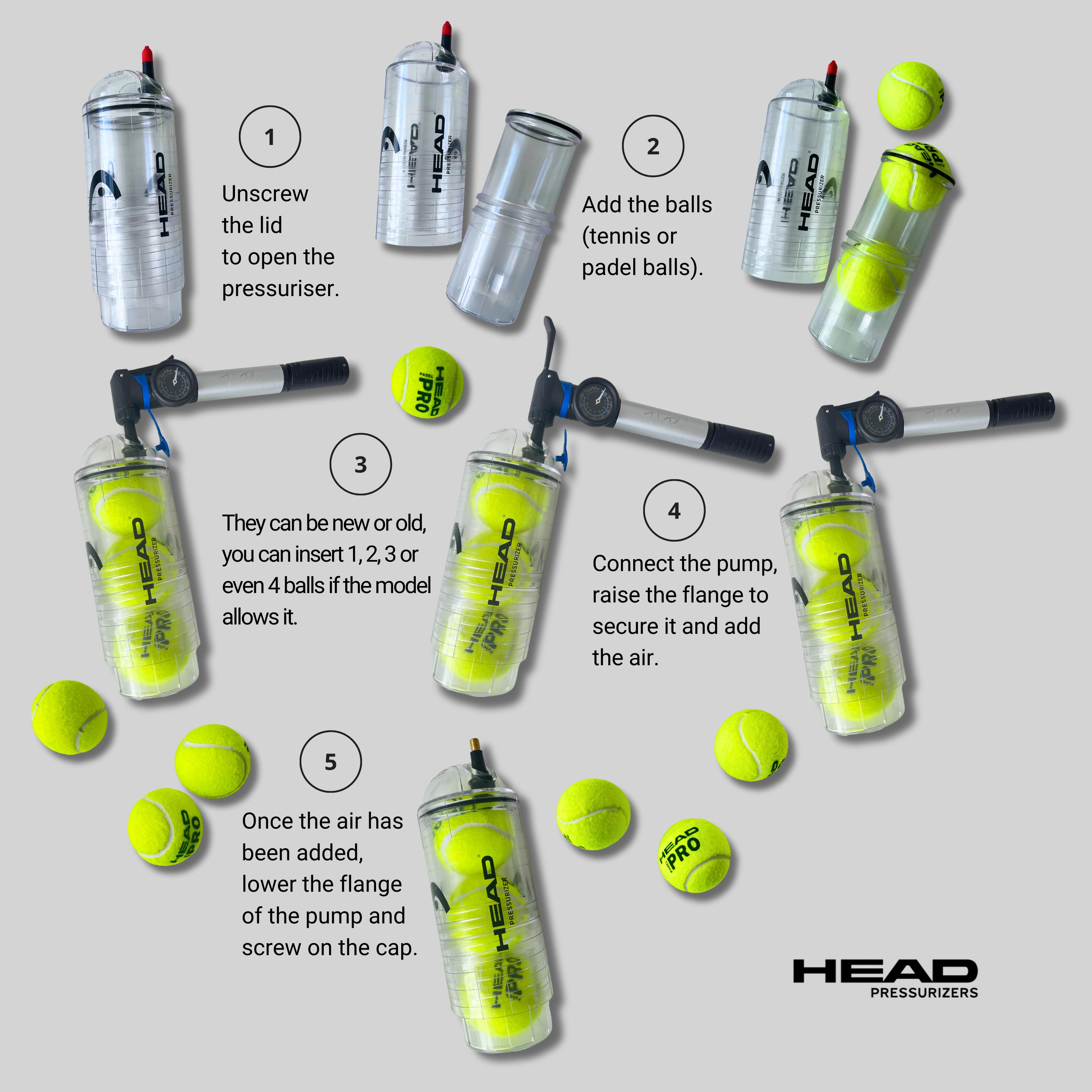 Pressuriseur de balles de tennis et de padel | HEAD X3 PUMP + Air Pump 22cm 5/8