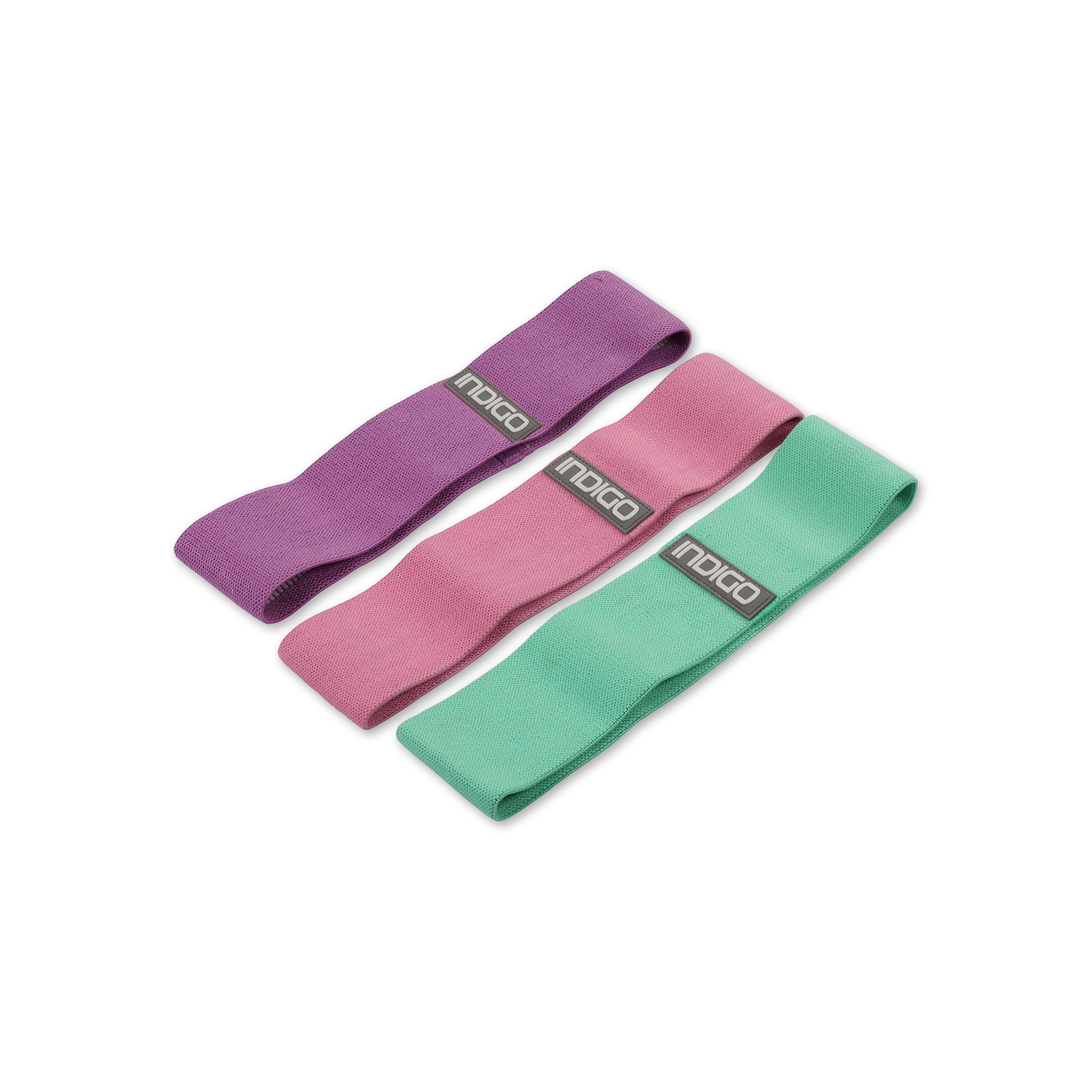 Bandas elásticas em tecido 3 níveis de resistência indigo roxo-rosa-verde claro