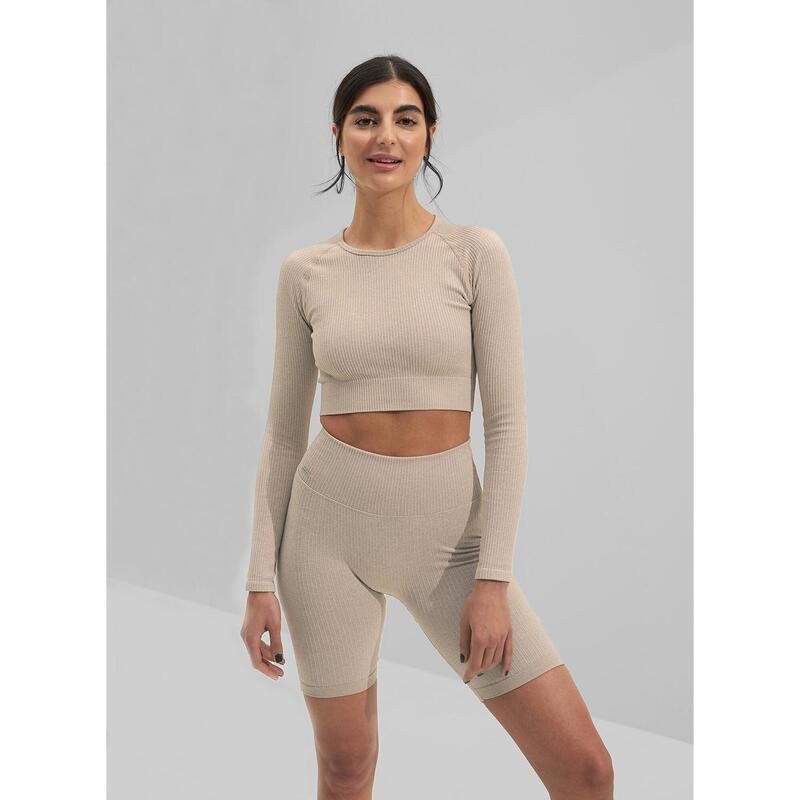 Beige Ribbed Seamless Biker Shorts